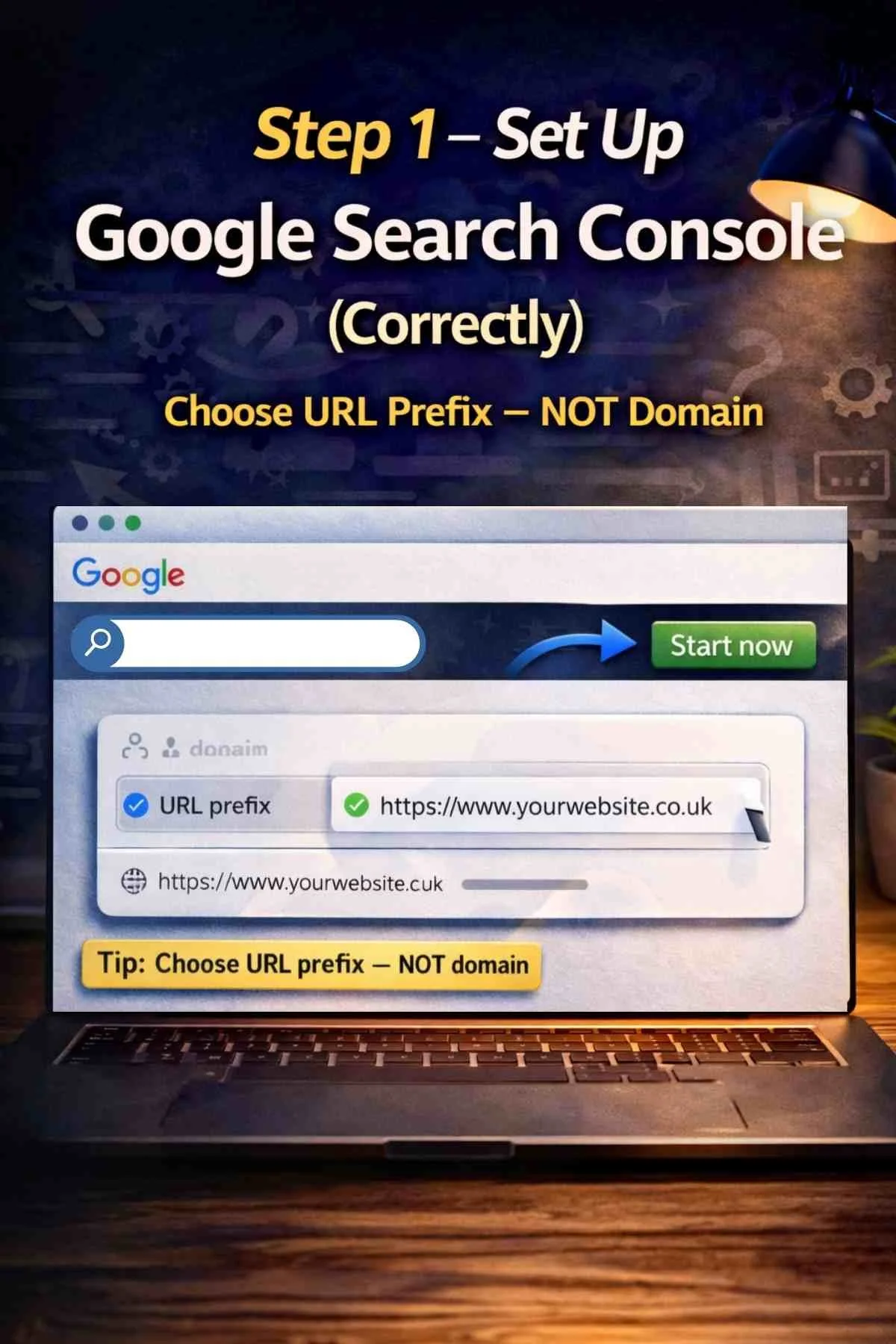 Step 1 setting up Google Search Console correctly using URL prefix method, showing how to add a website and start tracking search performance