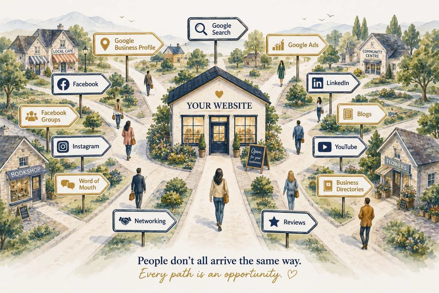Illustration of a neighborhood with various houses and trees, centered around a small building labeled 'Your Website.' Signs pointing to different social media and online marketing options like Facebook, Instagram, Google Business Profile, Google Search, Google Ads, LinkedIn, Blogs, YouTube, Bookshop, Word of Mouth, Networking, Reviews, Business Directories, and Community Centre surround the building. People are walking on paths connecting these options. The image includes a quote at the bottom that reads, 'People don't all arrive the same way. Every path is an opportunity,' with a small heart symbol.