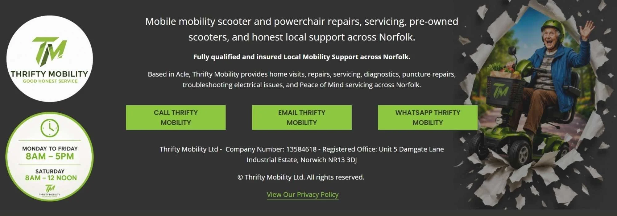 Website footer with multiple contact options, business information and opening hours, positioned after visitors have learned about the business and are ready to get in touch.