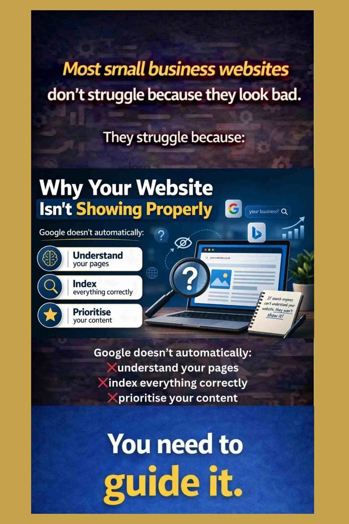Why your website is not showing on Google UK, explaining indexing issues, website structure and how search engines understand and prioritise content