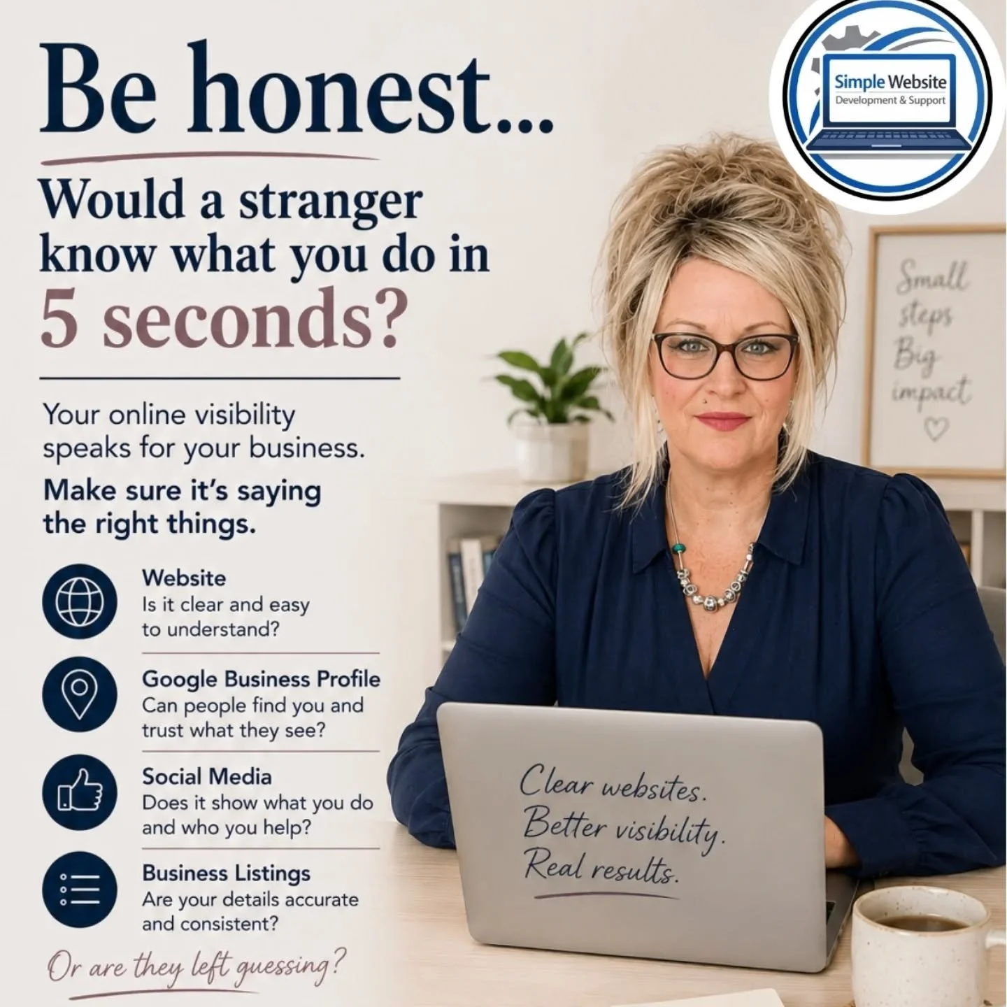 If someone landed on your website, Google Business Profile or social media today, would they know what you do in 5 seconds?

No scrolling. No clicking. No guessing.

This is one of the biggest visibility problems I see with small businesses.

Sometim