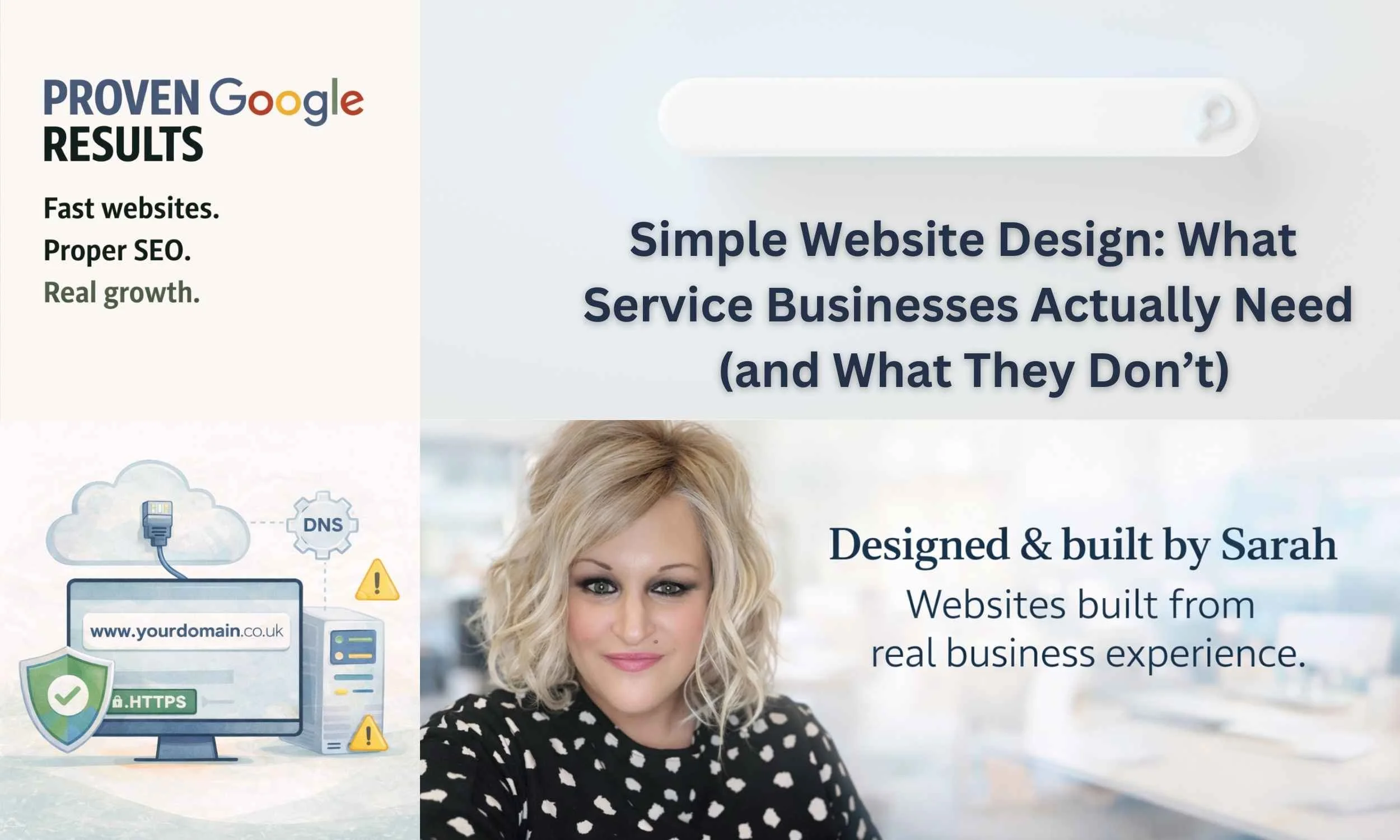 Blog title, Simple website design for service businesses – what they actually need. Showing that Simple Website Development and Support have proven Google Results, Fast Websites, proper SEA and real growth