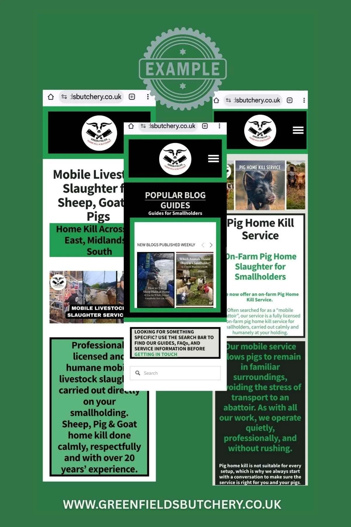 Screenshot of a website homepage for Green Fields Butchery, a mobile livestock slaughter service, showing guides, blog posts, and information about pig home kill service.