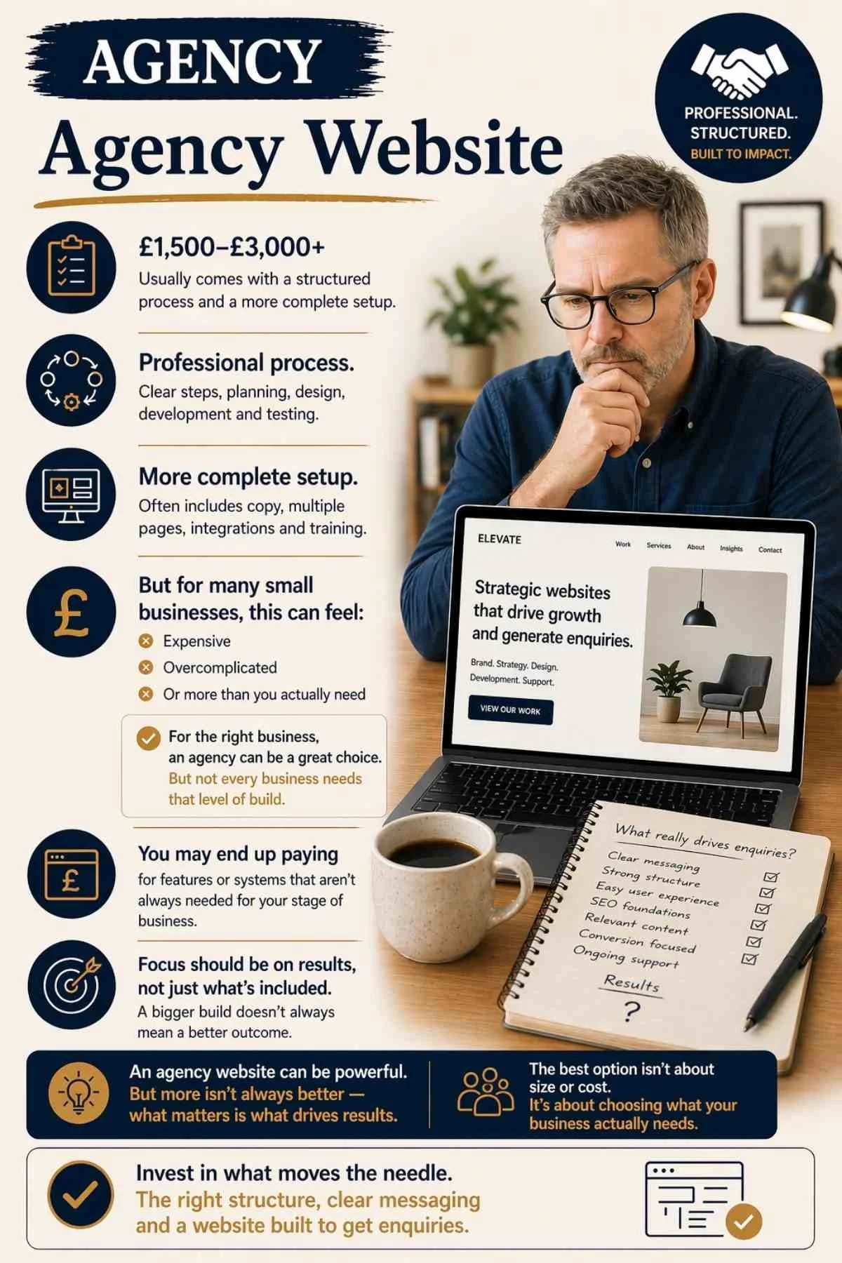 Small business agency website UK showing structured build process, higher cost and comparison of features versus results