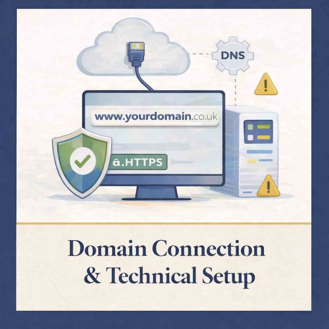 Domain connection and technical website setup showing DNS configuration, HTTPS security and Squarespace hosting integration.