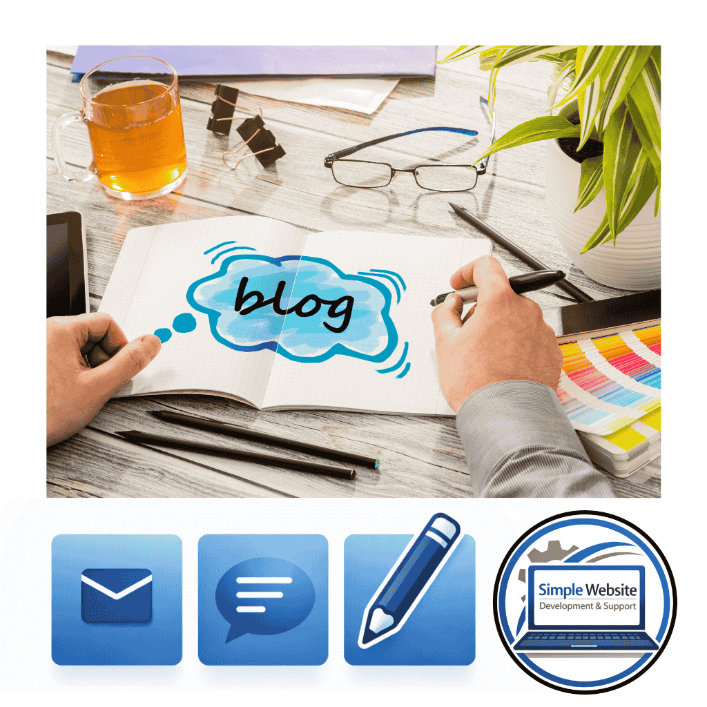 Hands planning a blog on a desk with notebook, pen and coffee, representing blog writing and content planning for small businesses