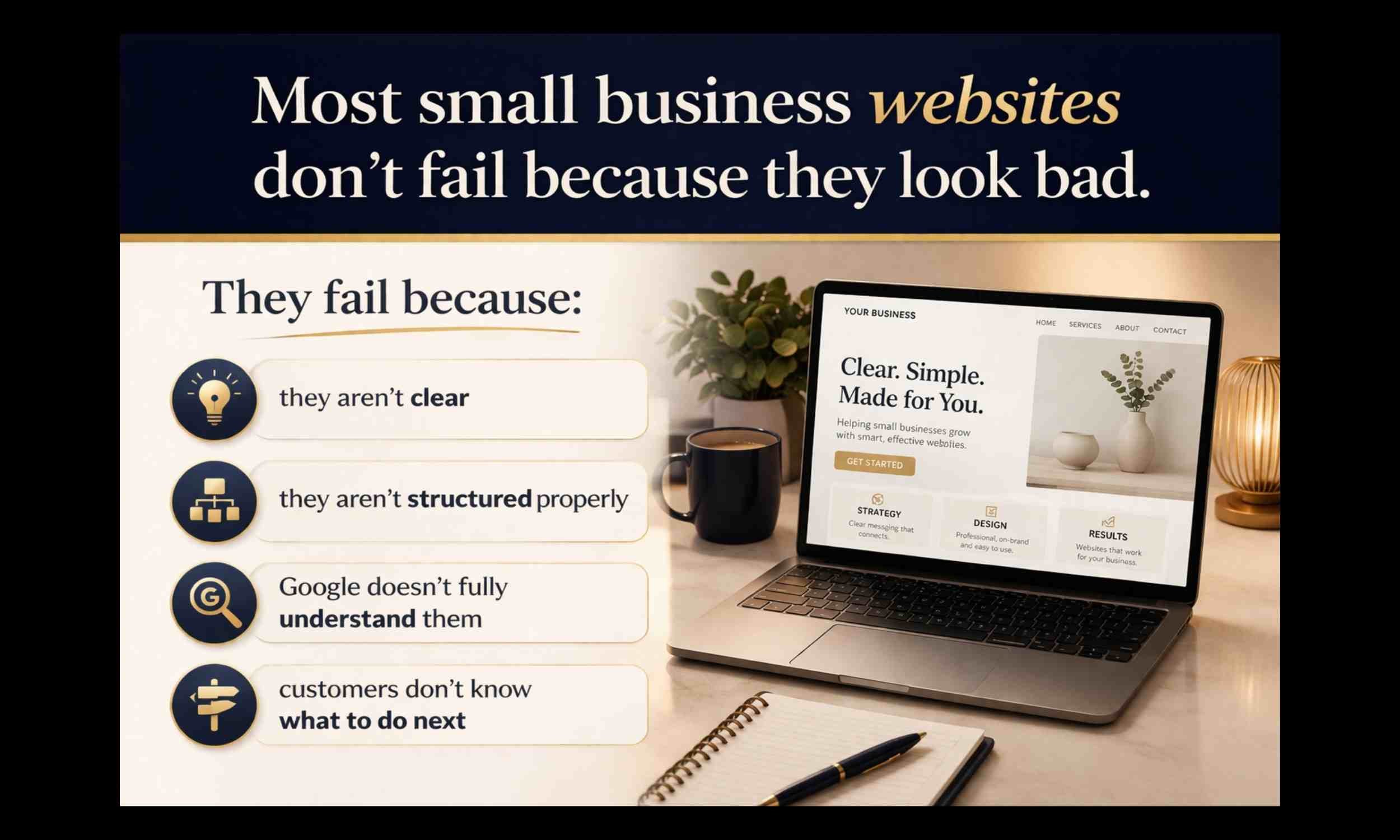 Most small business website do not fail because they look bad, they fail because they are not clear, structured correctly so Google does not understand them and customers have no CTA