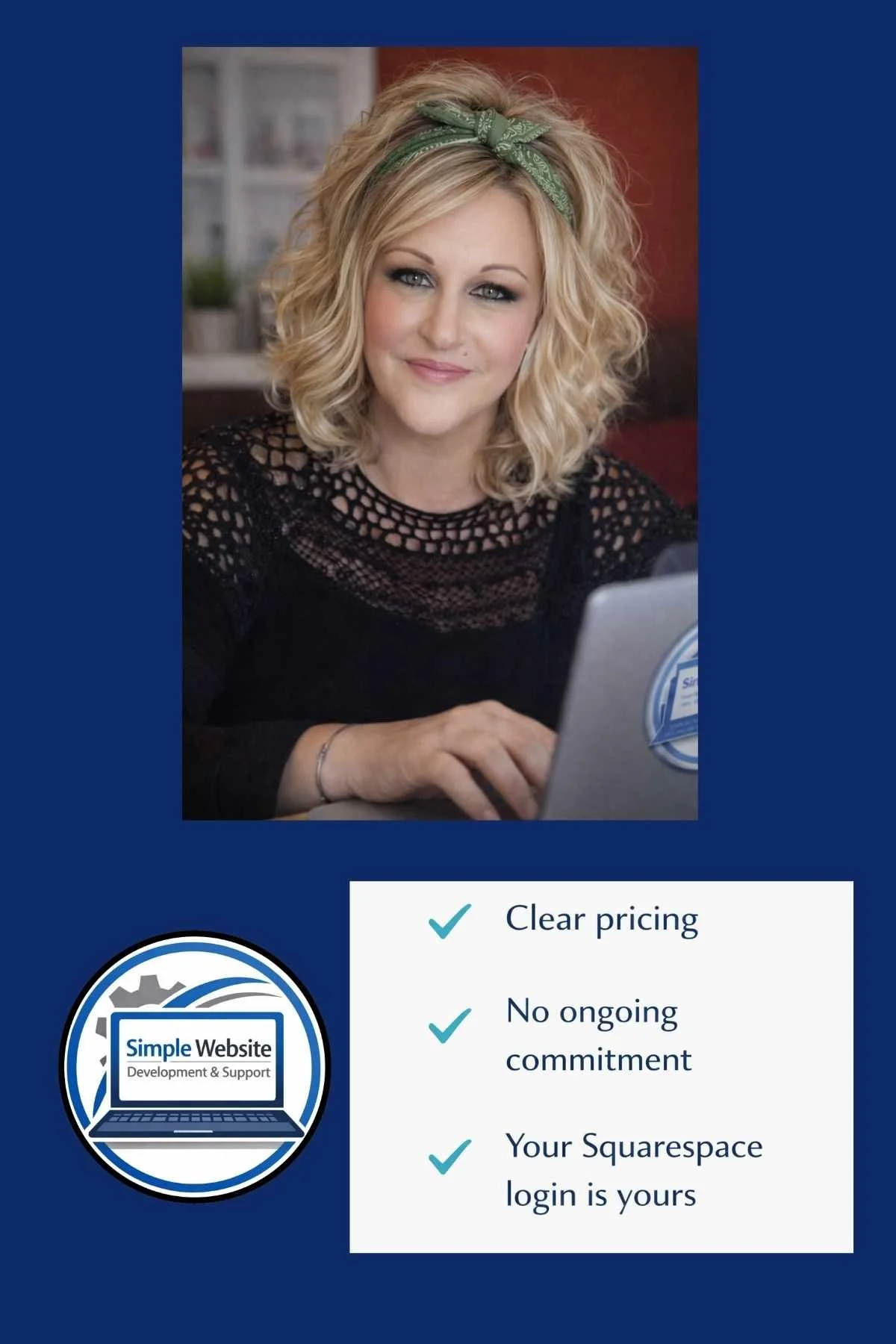 A woman with blonde, curly hair wearing a green headband and a black crocheted top, smiling at the camera, sitting at a desk with a laptop in front of her.