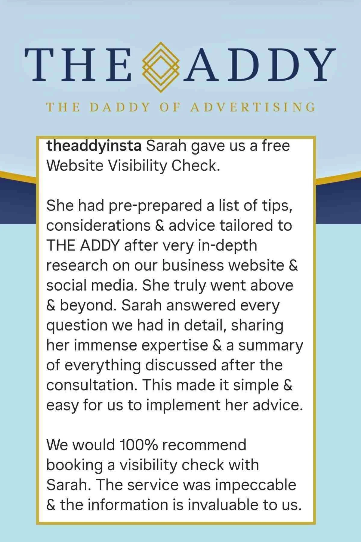 The Addy feedback for Simple Website Development and Support saying that they would 100% recommend and the service was impeccable