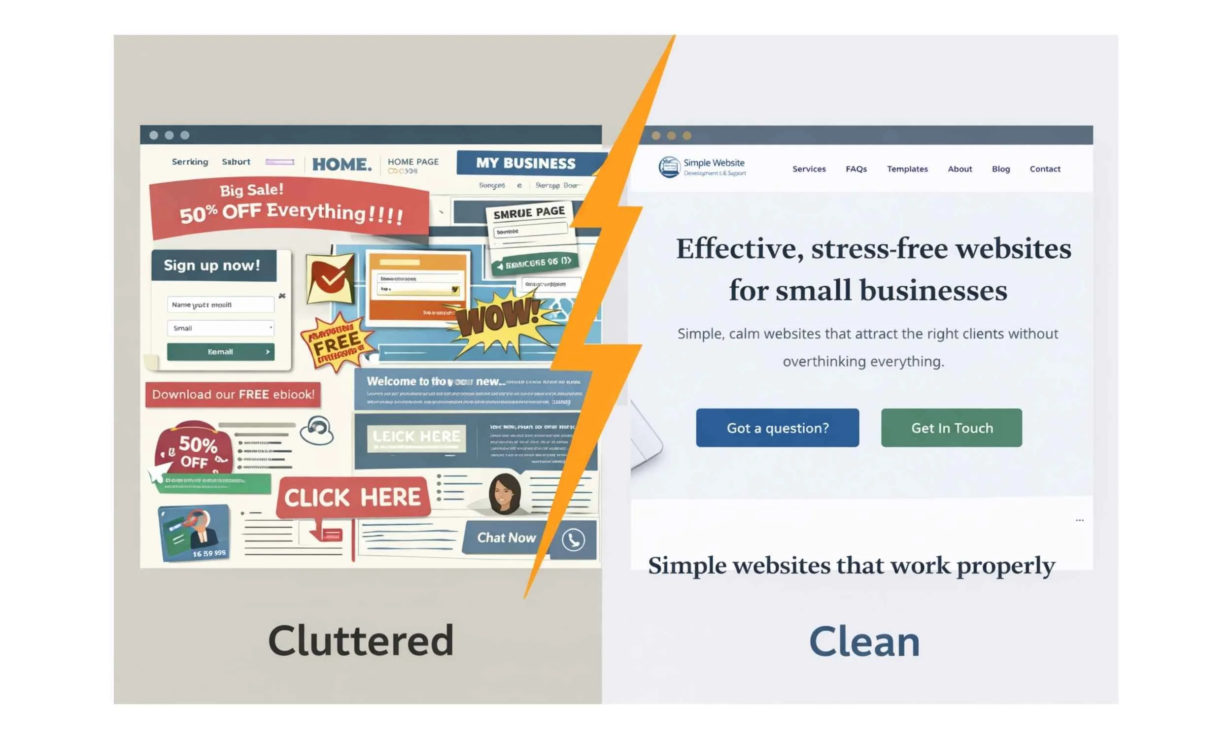 Side-by-side comparison showing a cluttered website versus a clean, calm website layout with clearer buttons and easier navigation.