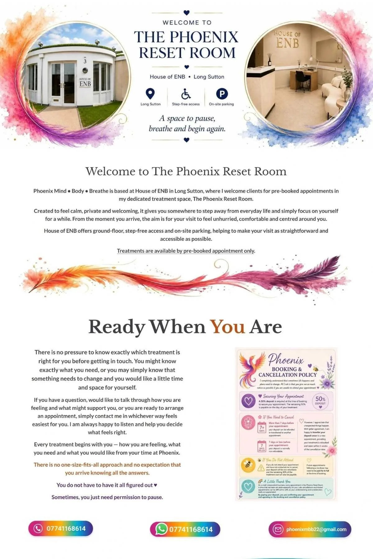 Phoenix Mind Body Breathe website showing The Phoenix Reset Room in Long Sutton and contact information