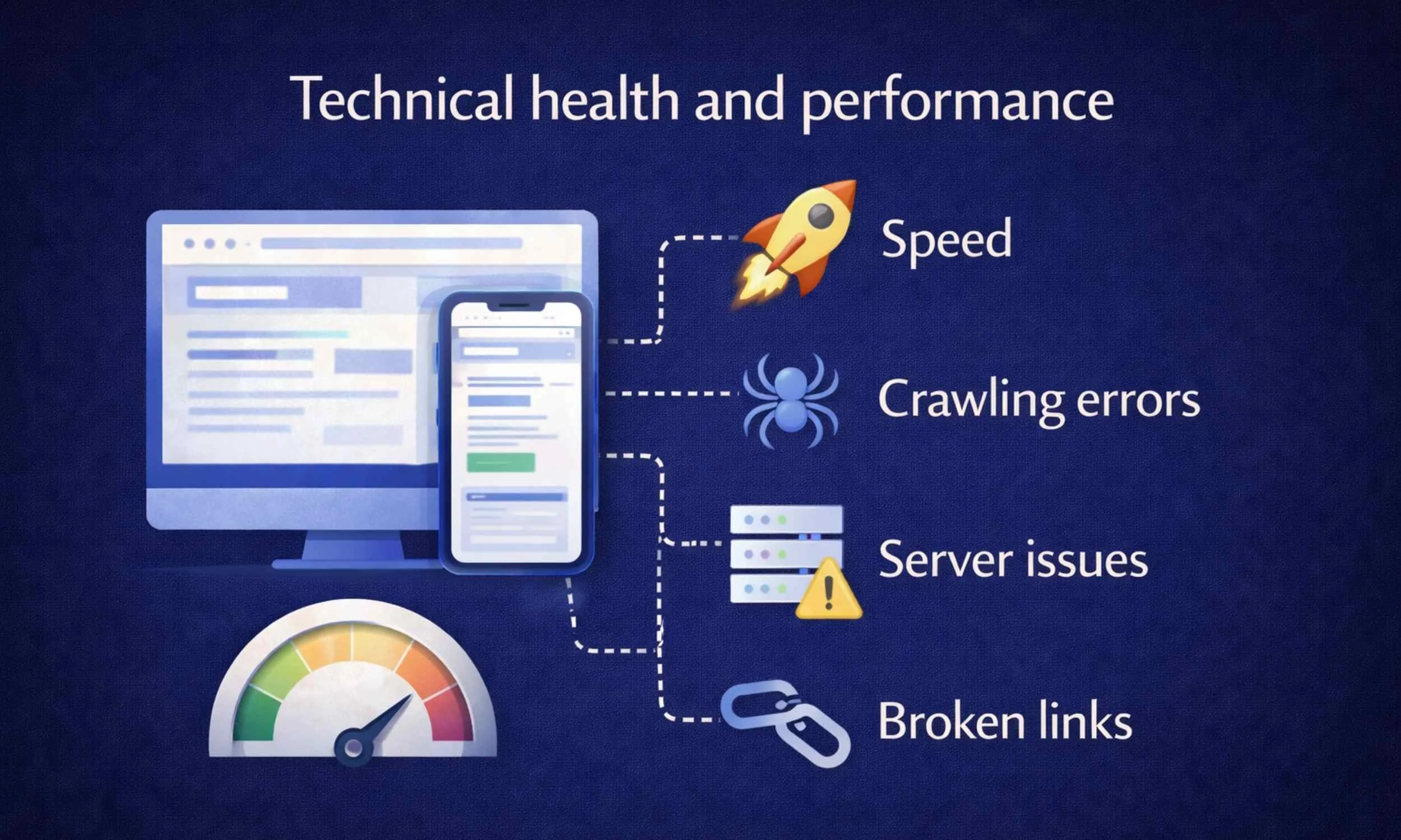 Illustration showing website technical health factors including speed, crawling errors, server issues and broken links.