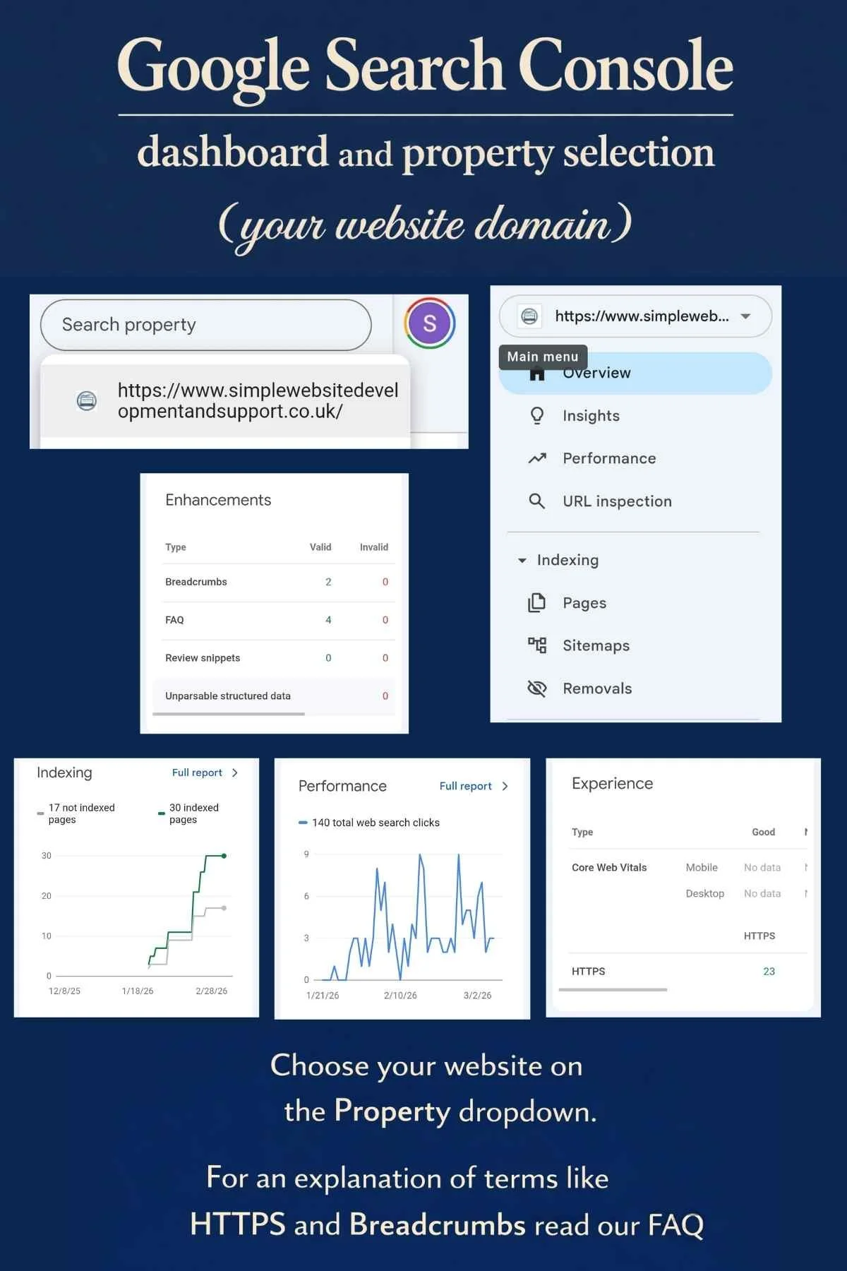 Google Search Console dashboard showing website property selection, indexing reports, performance data and Core Web Vitals.