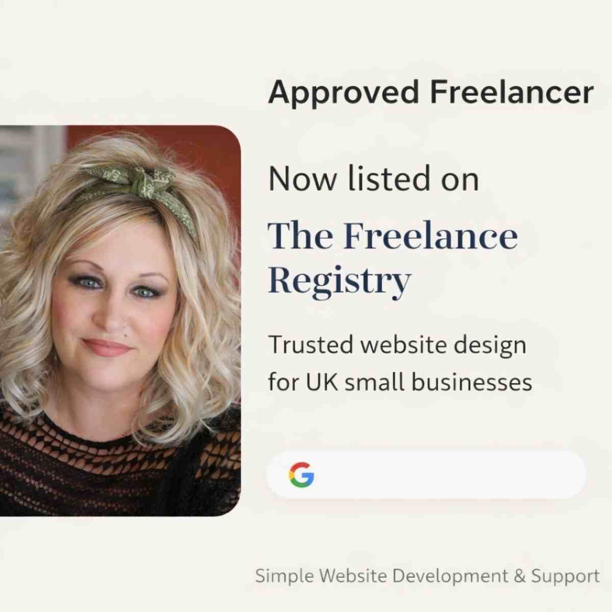 Approved freelancer listing on The Freelance Registry for Simple Website Development & Support, a UK website designer supporting small businesses with SEO and visibility