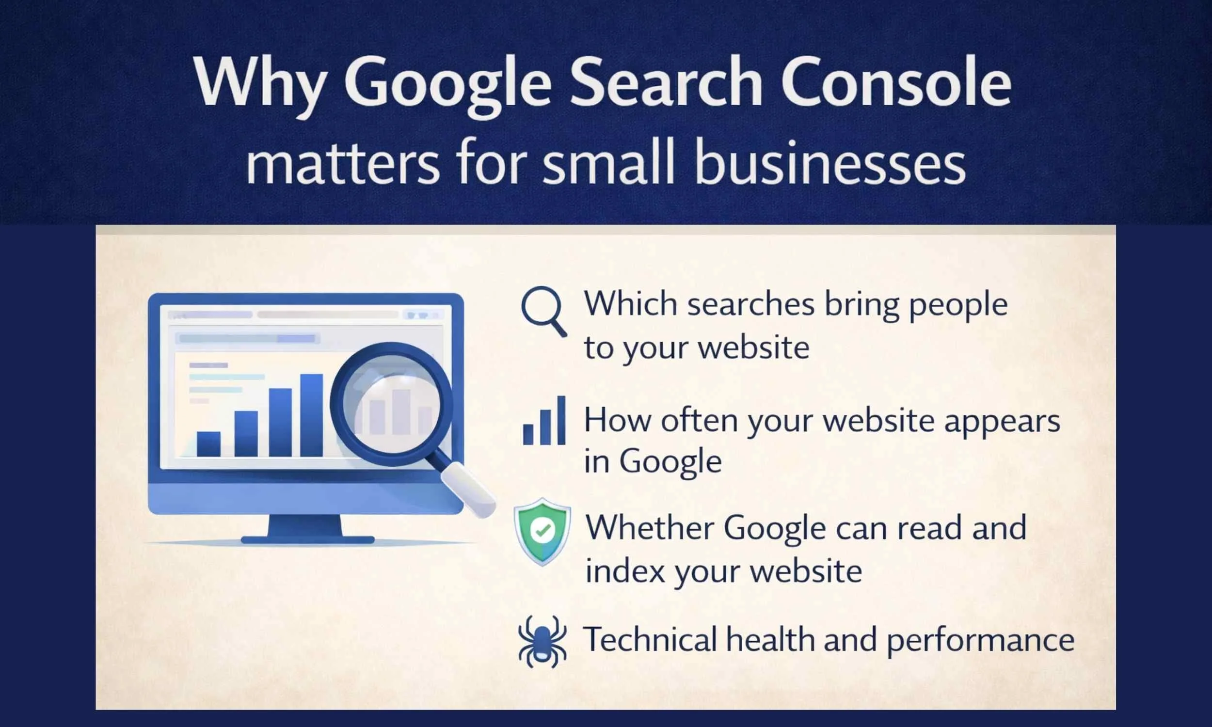 Reasons Google Search Console matters for small businesses including search visibility and indexing insights.