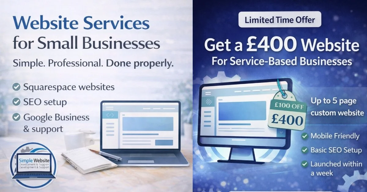 Launch offer website graphic promoting £400 Squarespace website for service-based businesses with mobile-friendly design and basic SEO setup