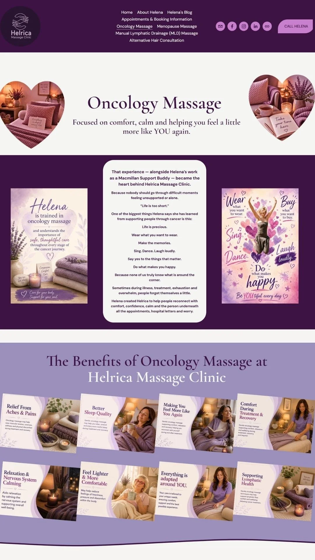 Screenshot of a webpage for Helrica Massage Clinic featuring information about oncology massage, benefits, and customer testimonials with images of cozy massage therapy settings and happy clients as designed by Simple Website Development and Support