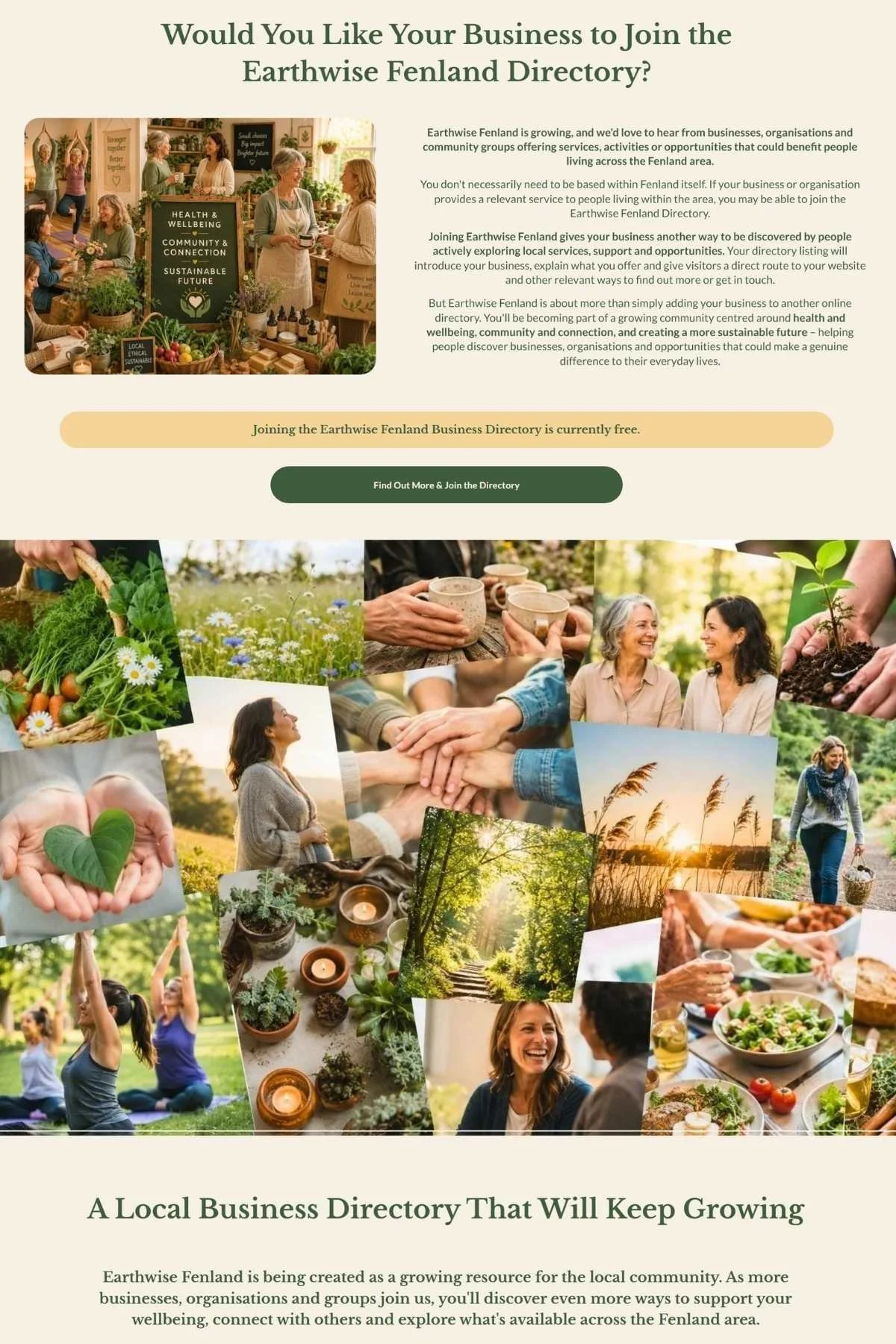 Earthwise Fenland website section inviting local businesses to join the directory