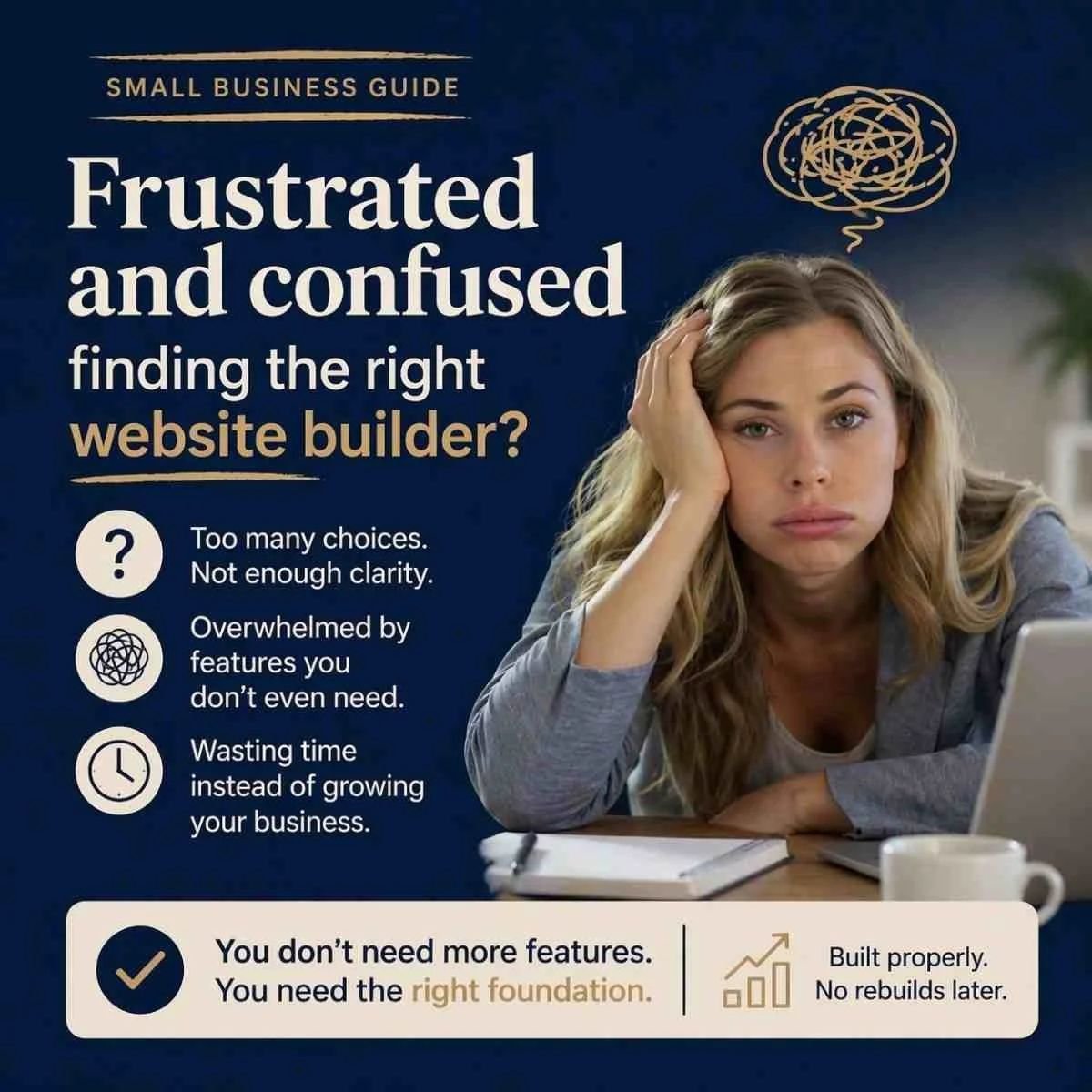 Small business owner frustrated choosing a website builder UK with too many options and unclear website foundations