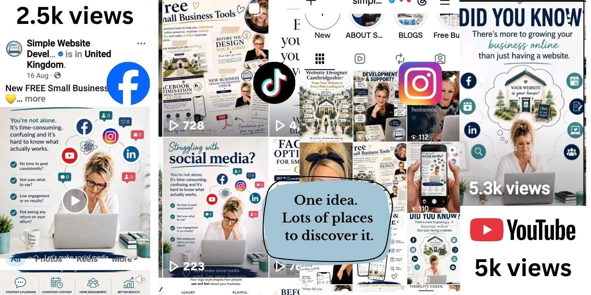 Social media content shown across Facebook, Instagram, TikTok and YouTube, demonstrating how one idea can reach people in multiple places.