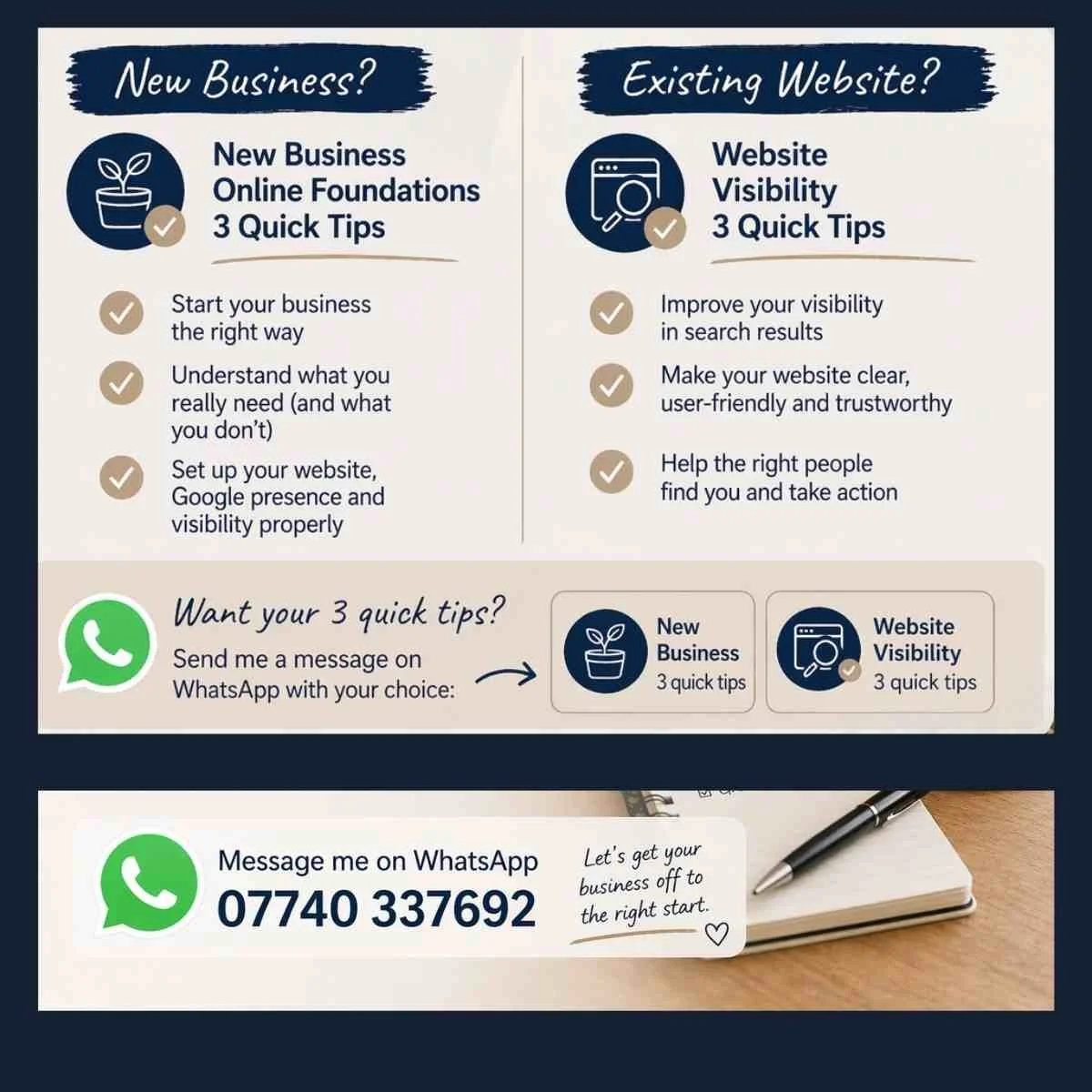 Graphic offering 3 quick tips via WhatsApp for both new businesses and existing websites, helping small businesses improve online visibility and get started properly