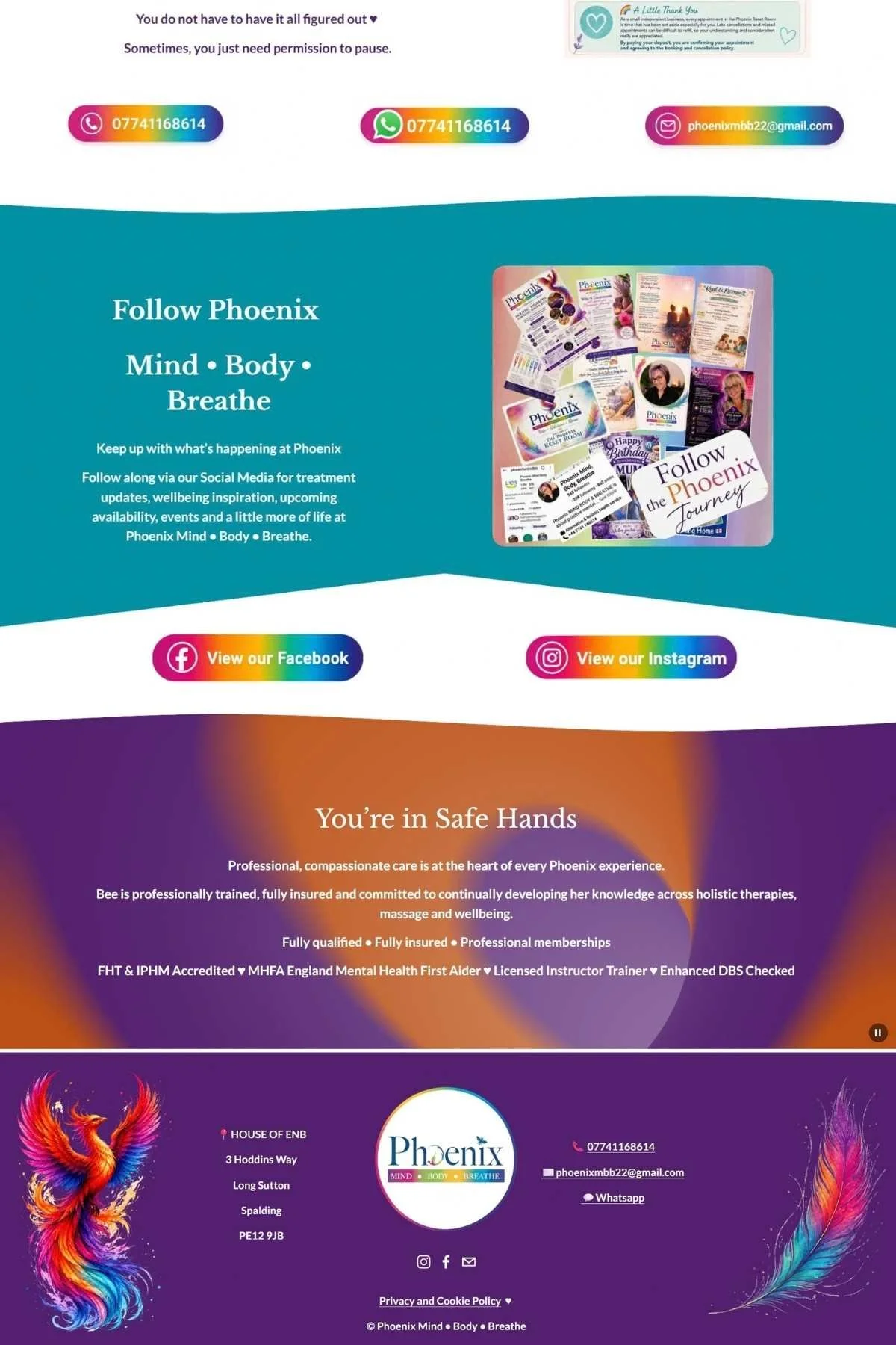 Phoenix Mind Body Breathe website showing holistic therapy choices and Meet Bee about section