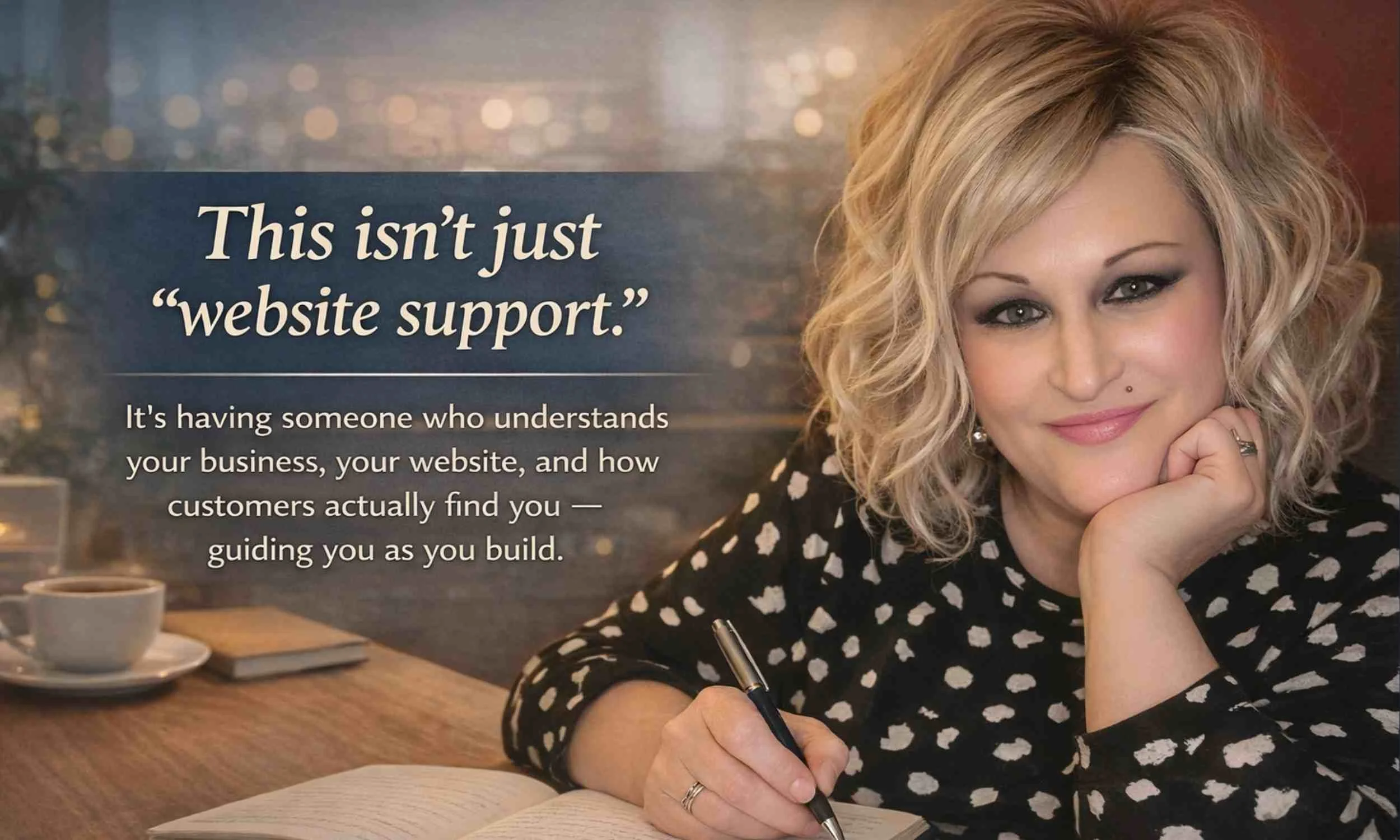 This isn’t just “website support”. It’s having someone who understands your business, your website, and how customers actually find you — guiding you as you build. Image includes Sarah, founder of Simple Website Development and Support
