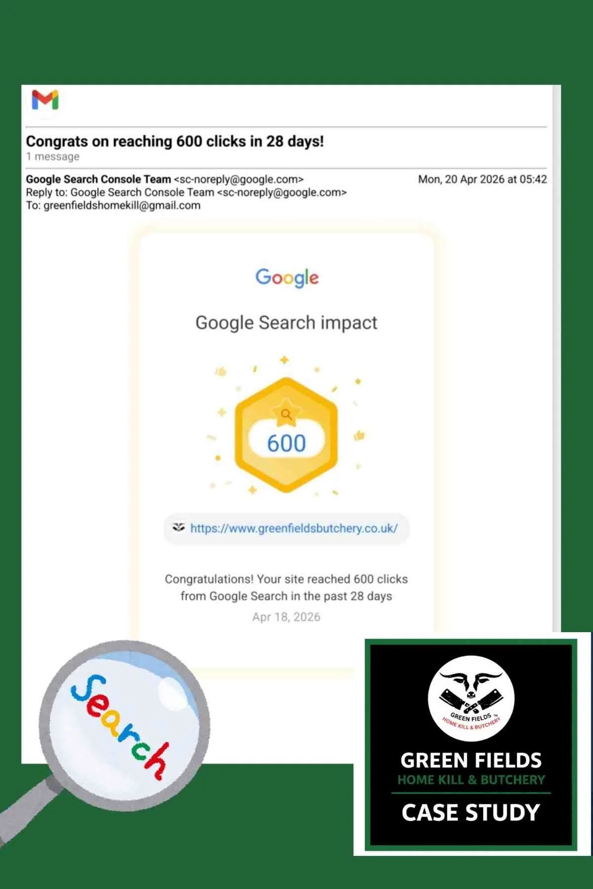 Google Search Console showing 600 clicks in 28 days for Green Fields Home Kill and Butchery website