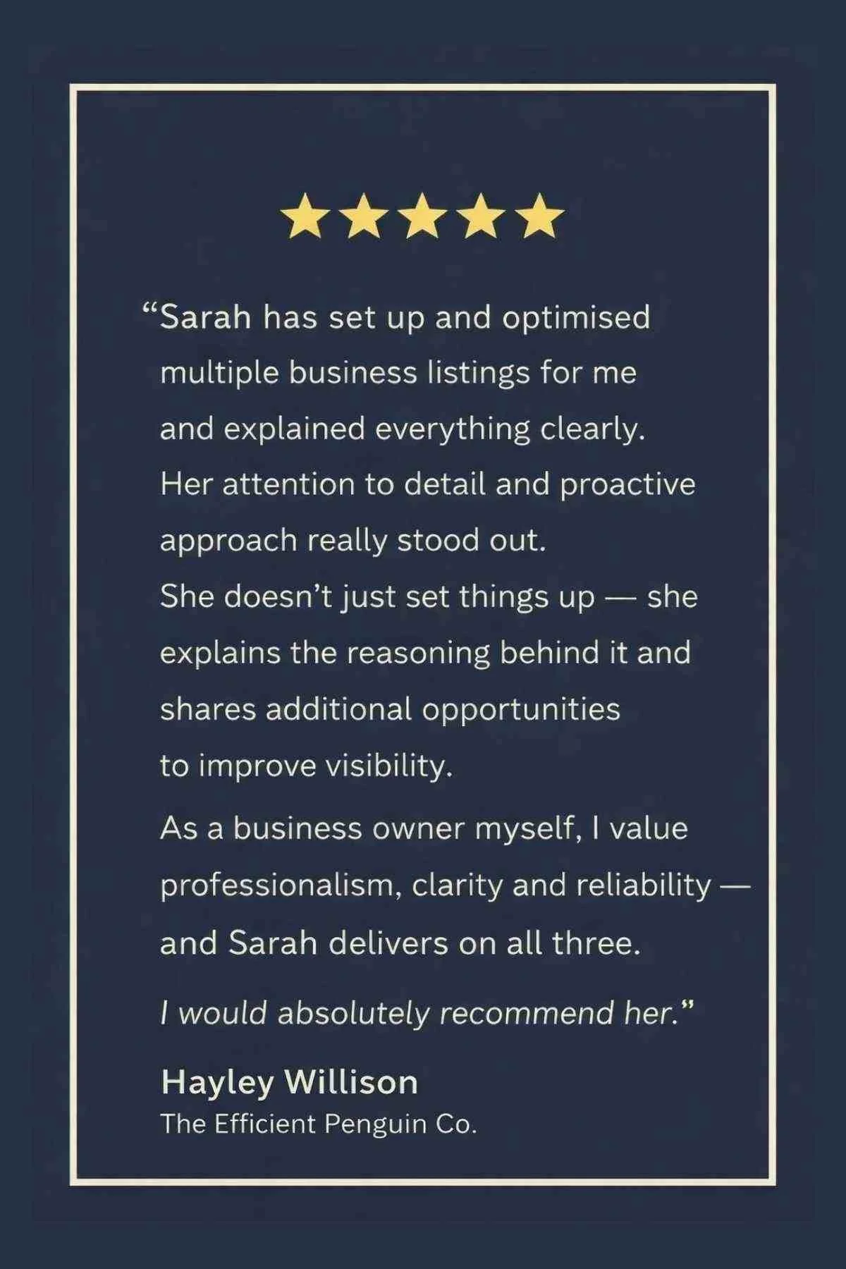 The Efficient Penguin Co for Simple Website Development and Support explaining they explained the reasoning behind every decision and shared opportunities to increase visibility