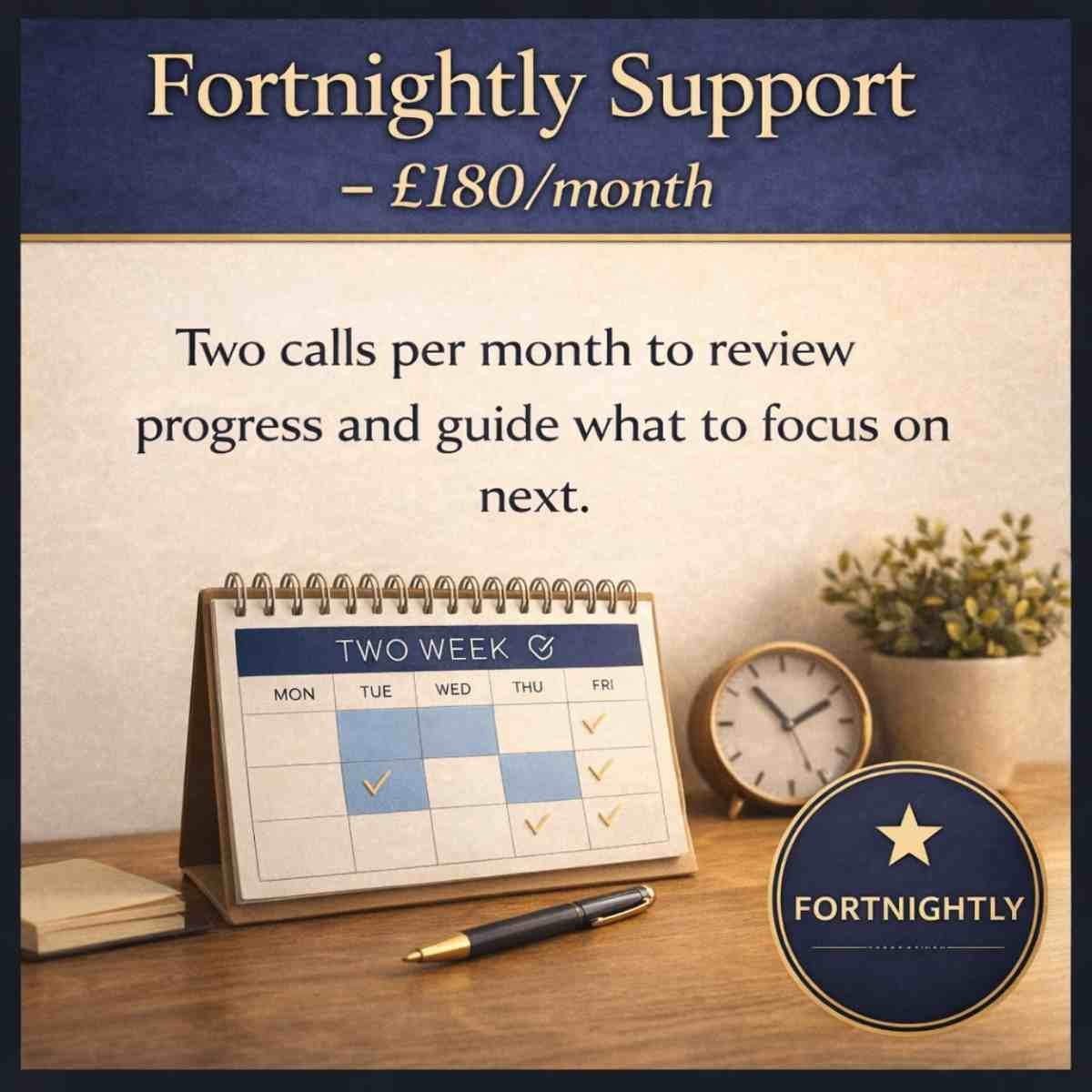Fortnightly Support – two calls per month to review progress and guide what to focus on next