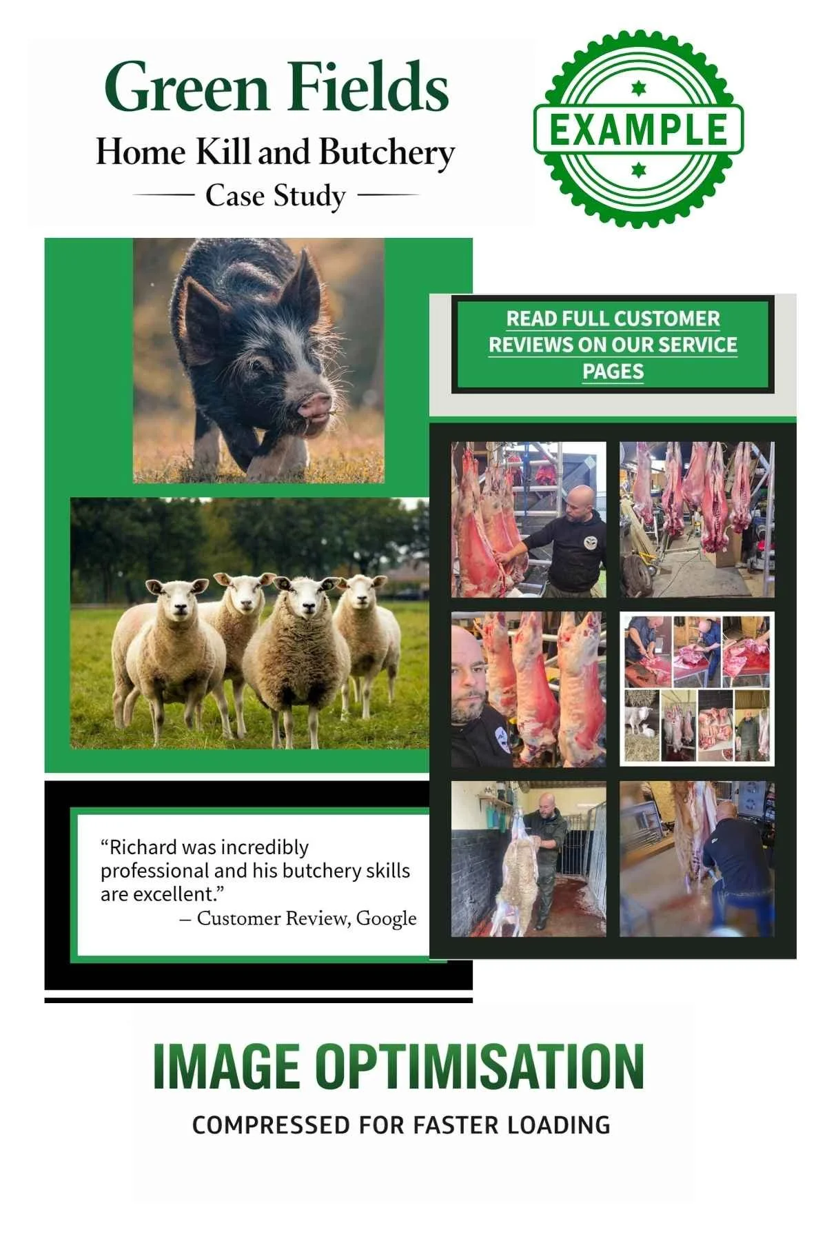 Image Optimisation and Gallery section from Green Fields Home Kill & Butchery website case study showing sheep, pigs and on-farm butchery images compressed and optimised.