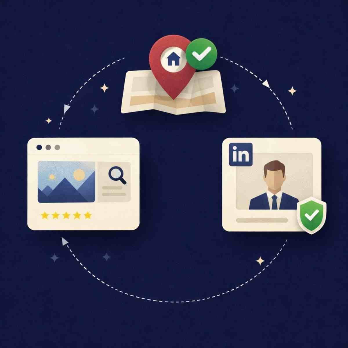 Illustration showing website, business listings and LinkedIn working together to build trust online