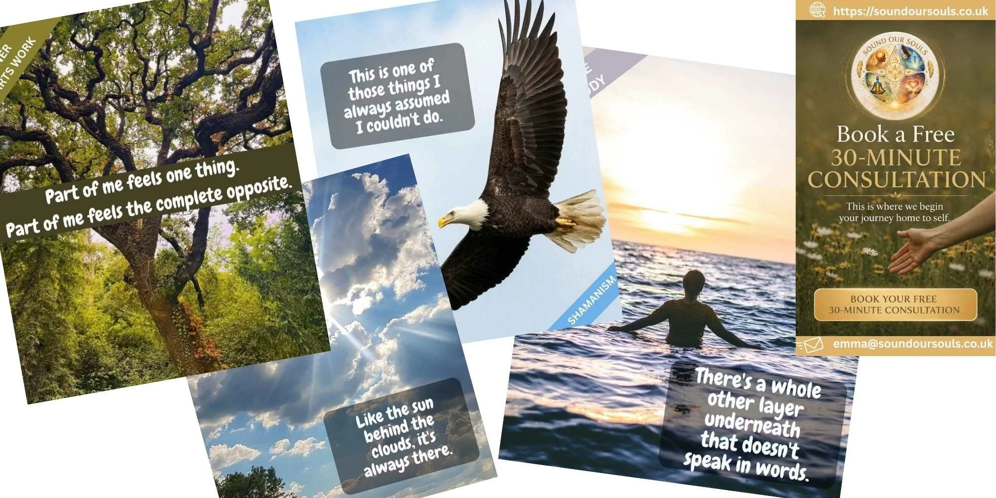 Sound Our Souls social media content showing reflective wellbeing posts, nature imagery and a free consultation call to action.
