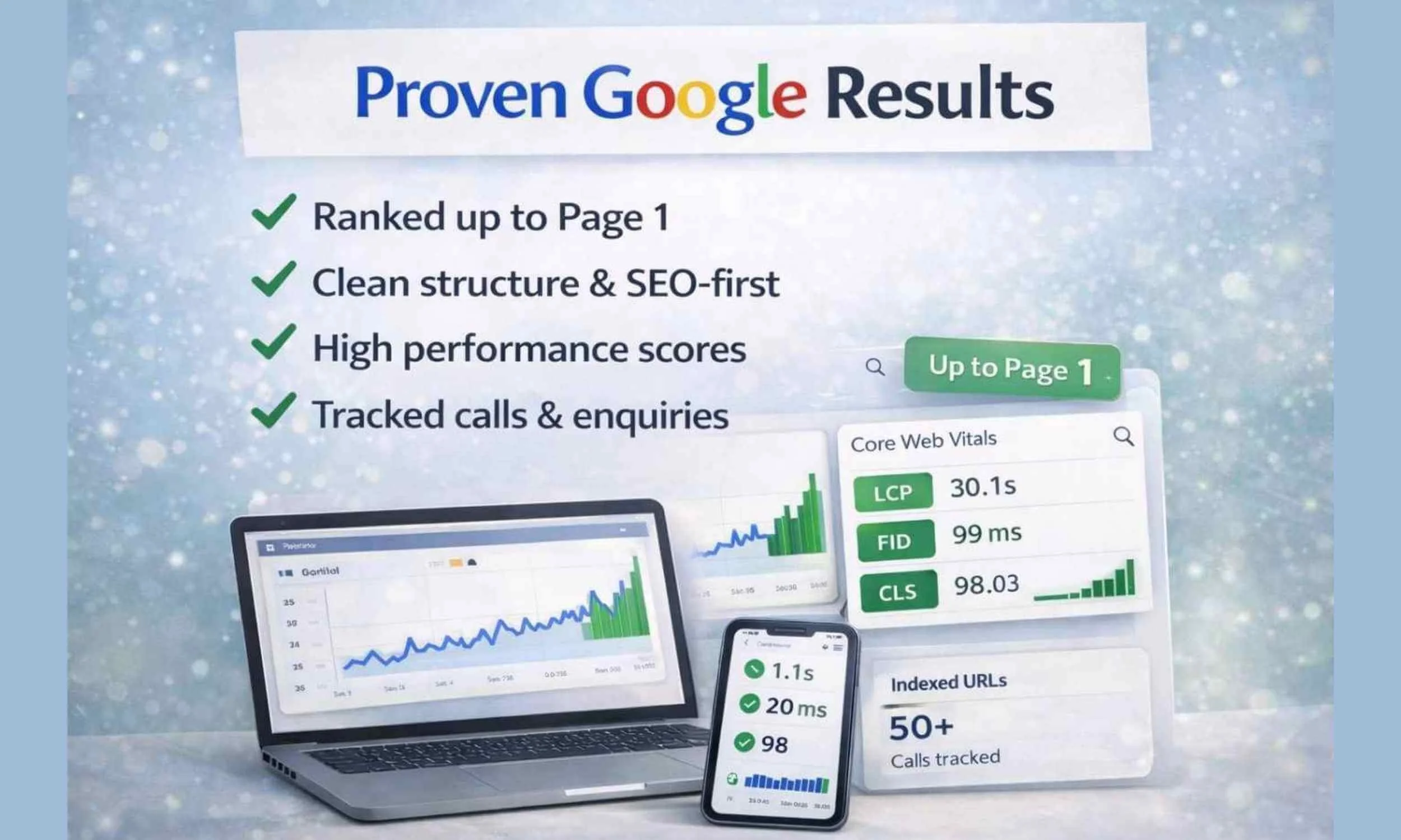 Simple Website Development and Support has proven Google REsults, ranked up to Page 1, Clean strucured websites and SEO First, using Mobile Friendly design