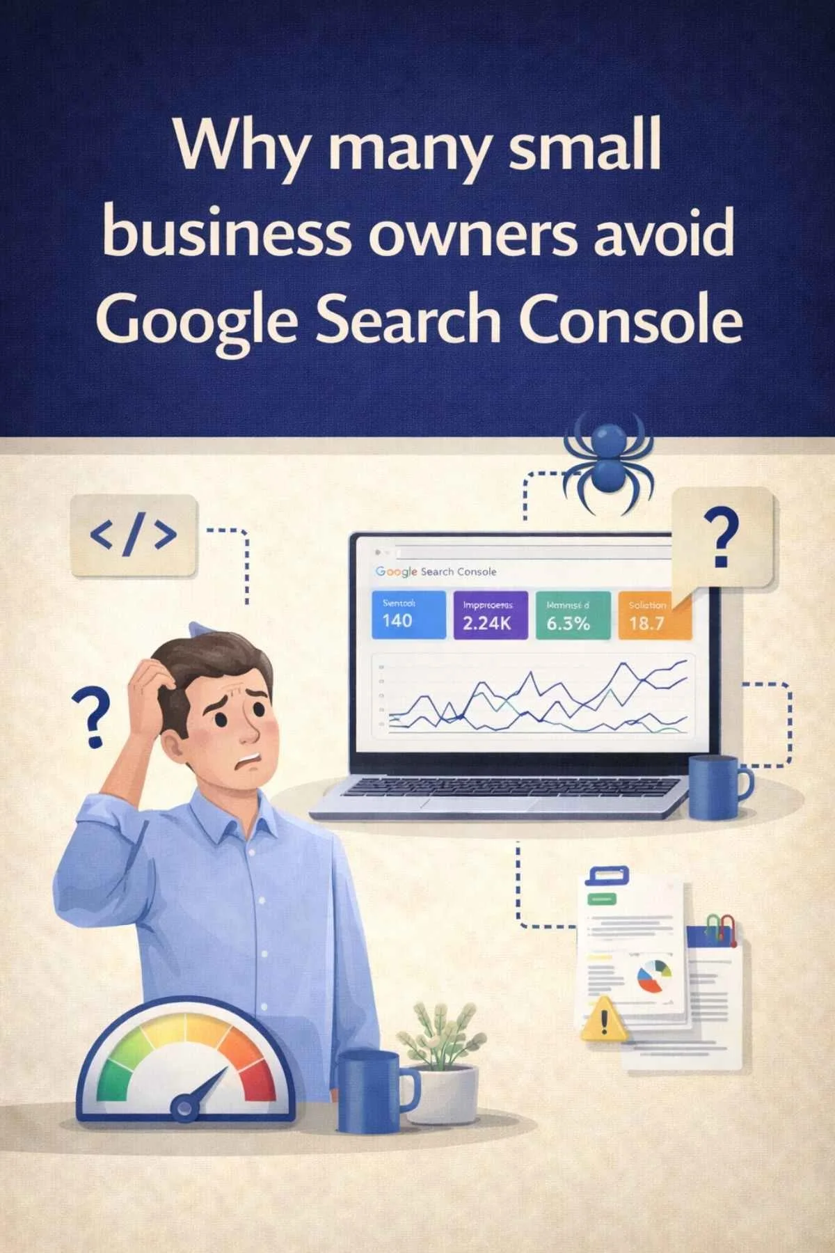 Illustration showing why many small business owners avoid Google Search Console due to technical confusion.