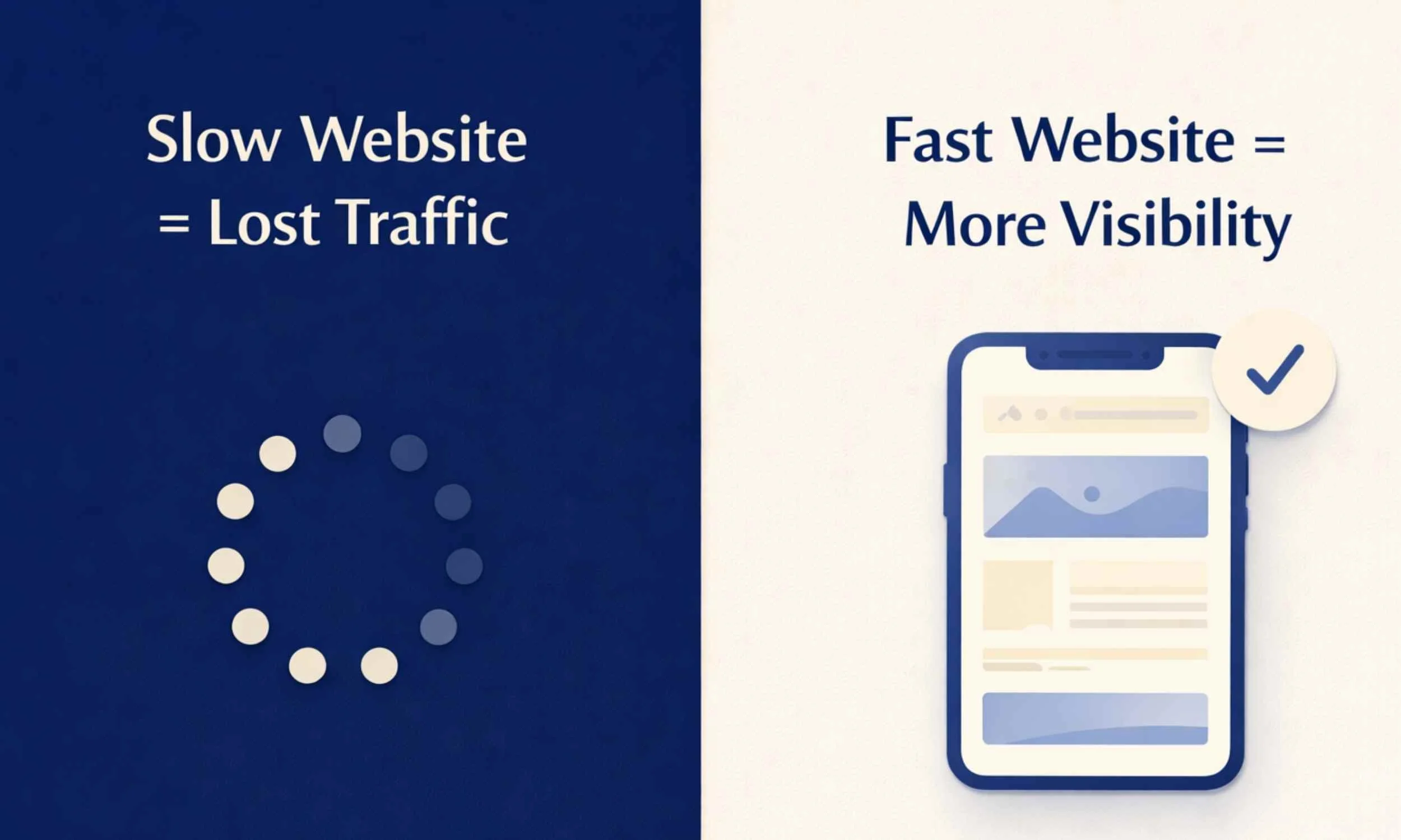 Comparison showing slow website losing traffic versus fast website improving visibility