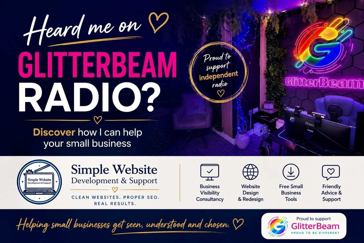 Simple Website Development & Support on GlitterBeam Radio, offering business visibility consultancy, website design and free small business tools.