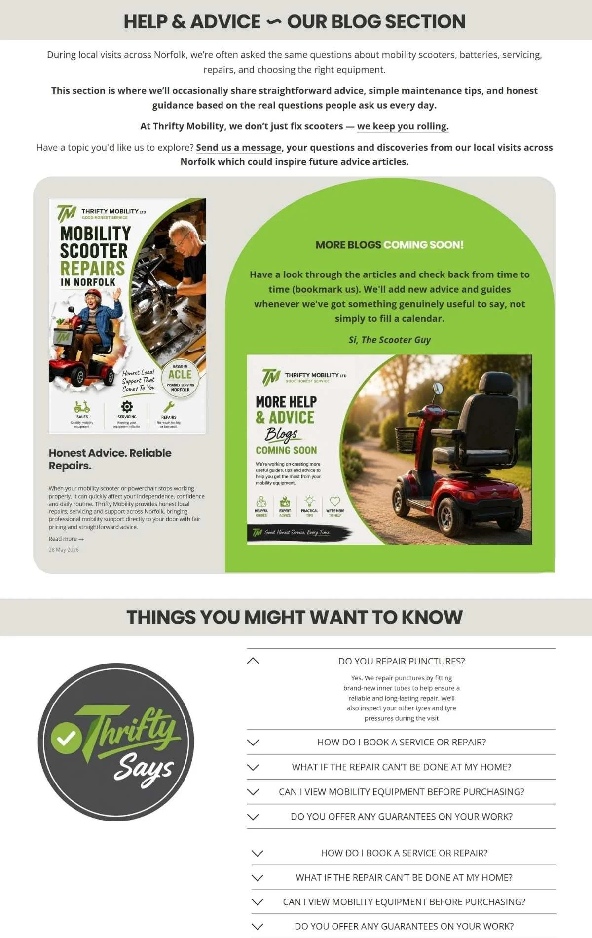 Help and Advice blog section alongside frequently asked questions, designed to answer common customer questions, demonstrate expertise and reduce hesitation before making contact.