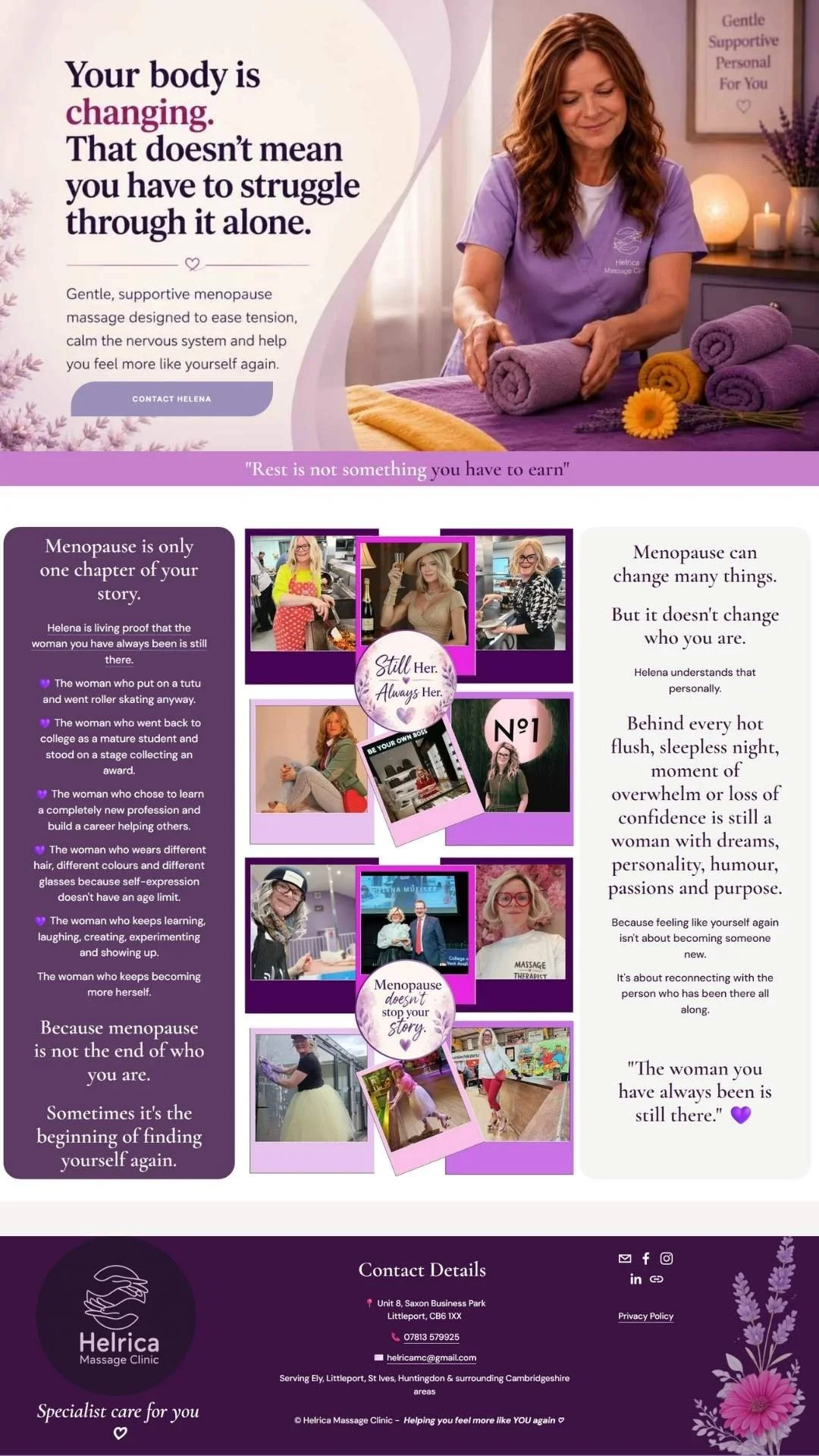 A promotional flyer for Helrica Massage Clinic featuring a woman in a purple uniform preparing massage towels in a calming room with candles and flowers, along with text emphasizing support for menopause and self-care.