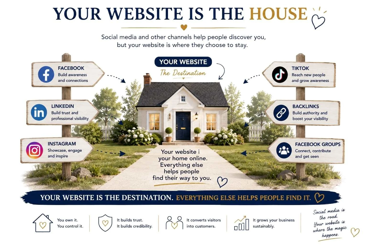 Diagram showing your website as the central destination, with social media, Google Business Profile, blogs, backlinks, networking and reviews helping people find your business.