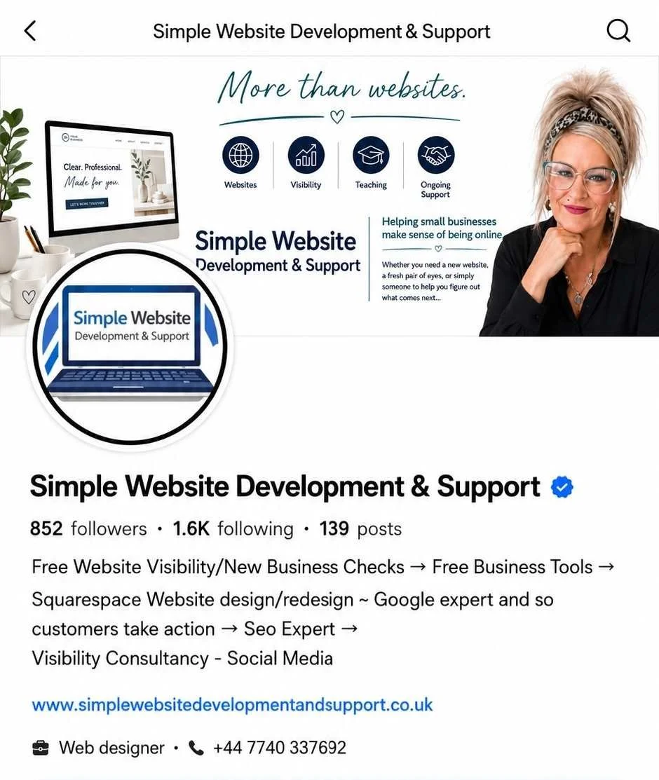 Simple Website Development & Support Facebook business profile showing its branding, services, website link and social media presence.