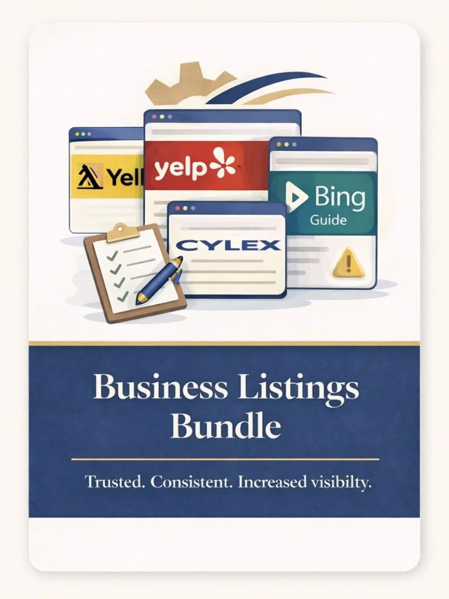 Business listings bundle illustration showing Yell, Yelp and Cylex listings for UK small businesses