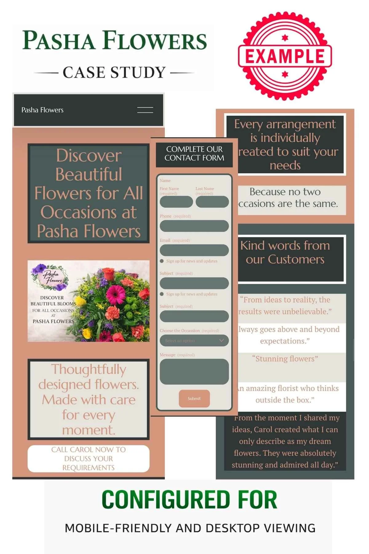 Website Contact Form, testimonials for Pasha Flowers and custom content sections designed for the business by Simple Website Development and Support