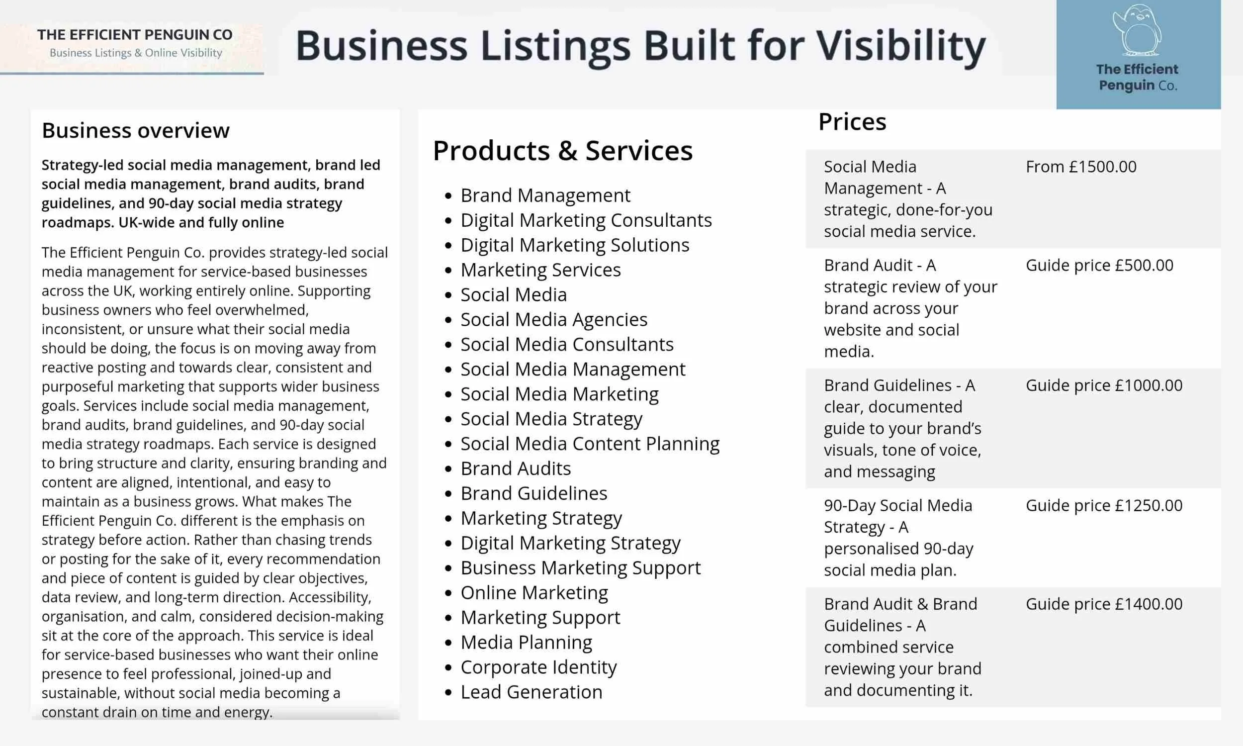 Example business listings created to improve online visibility for The Efficient Penguin Co