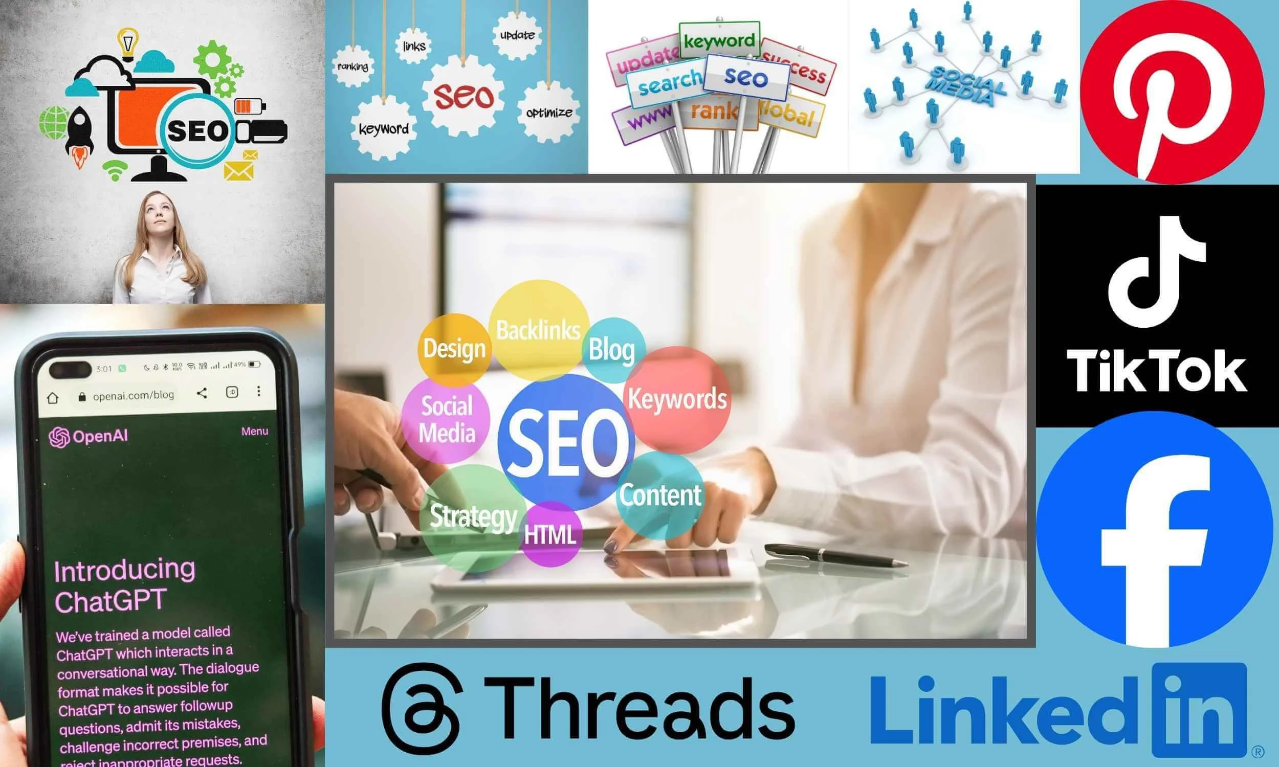 Image showing different explanations of SEO a along with social media companies and someone using ChatGPT to help them