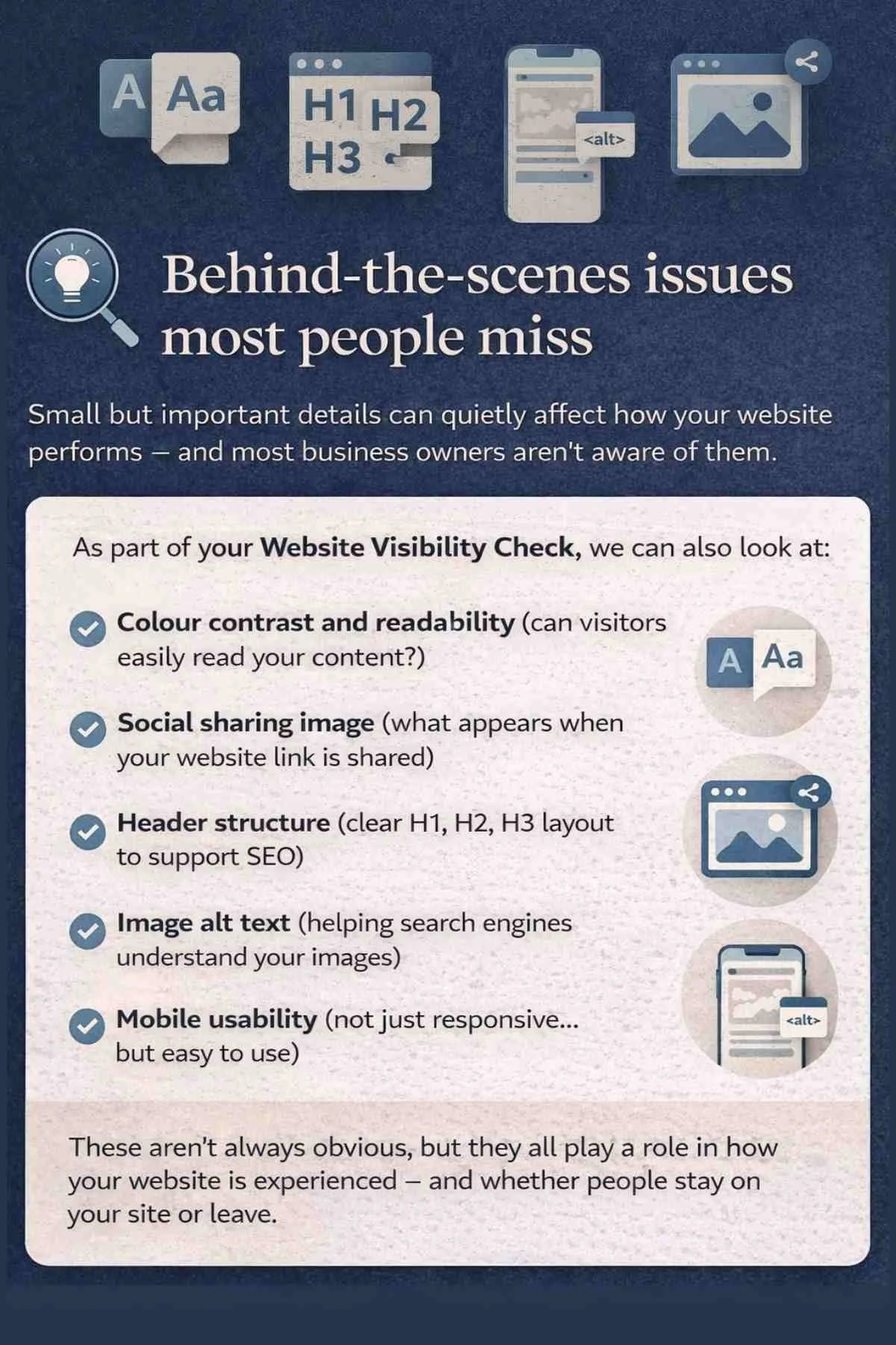 Behind-the-scenes website issues most people miss, including colour contrast, social sharing images, header structure, image alt text, and mobile usability as part of a website visibility check for small businesses.