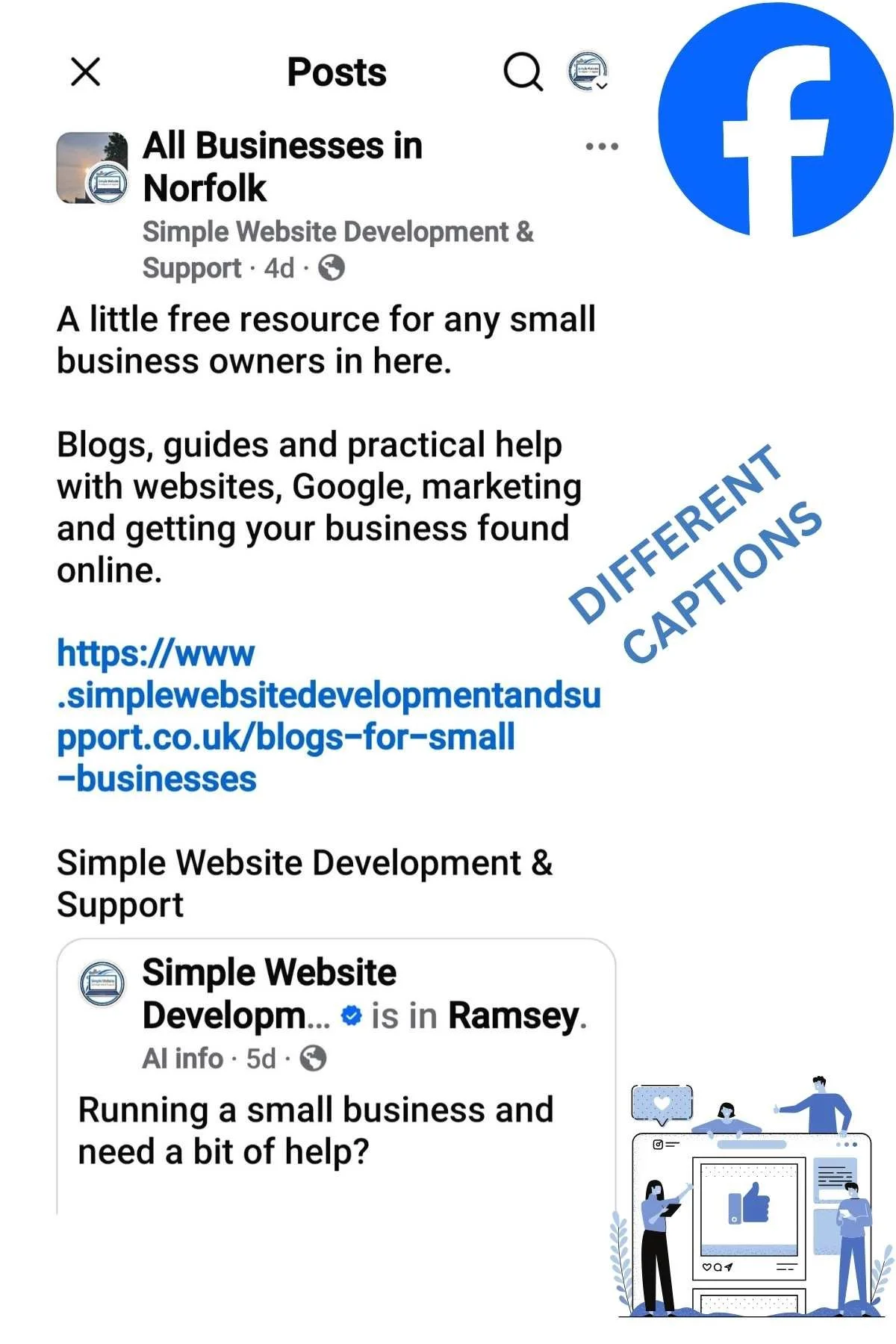 Facebook group post showing small business content shared into a local Norfolk business community with a website link and different caption.