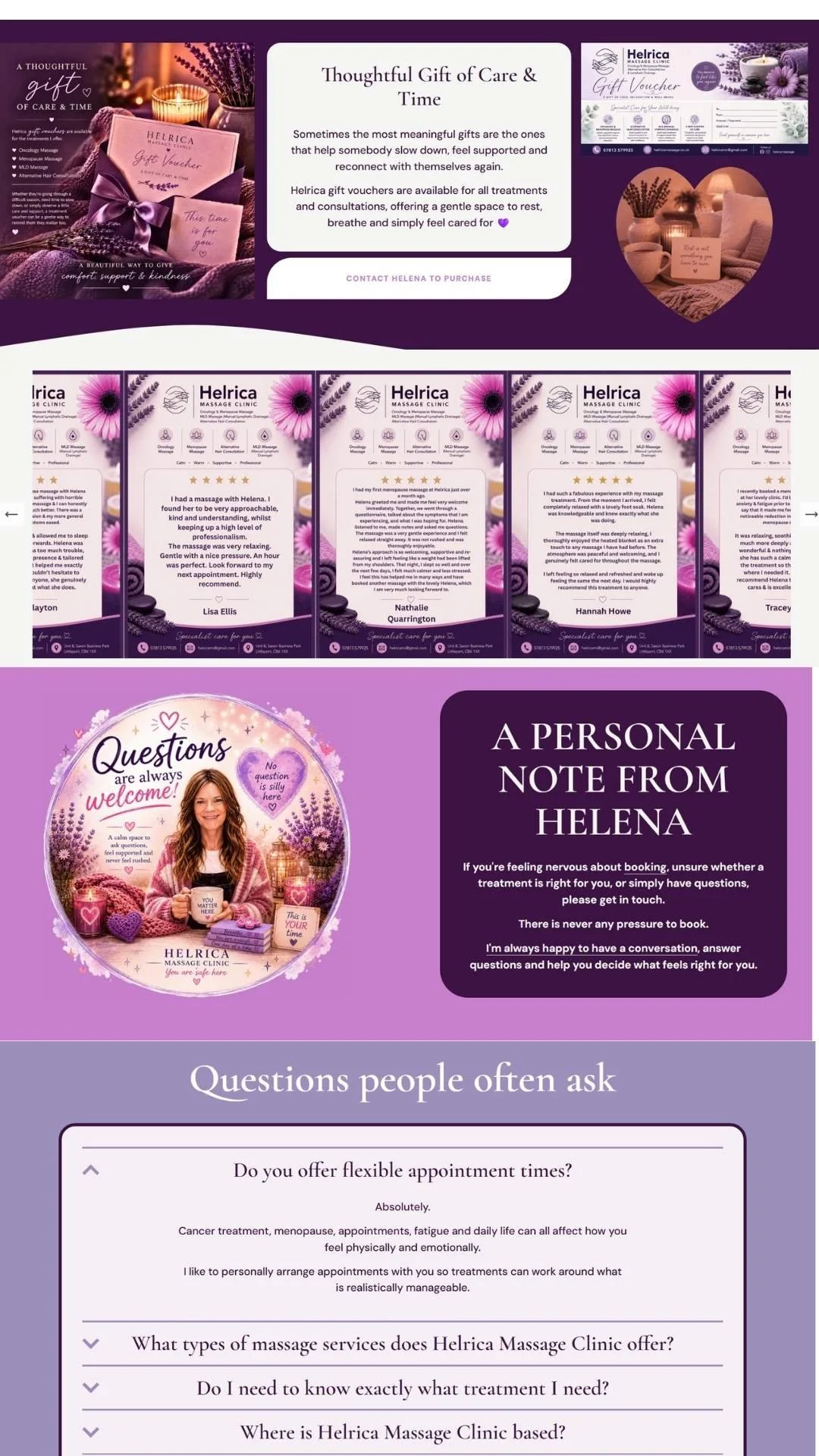 Helrica Massage Clinic gift vouchers, client reviews, frequently asked questions and personal contact information from Helena in Littleport, Cambridgeshire. Website designed and built by Simple Website Development & Support.