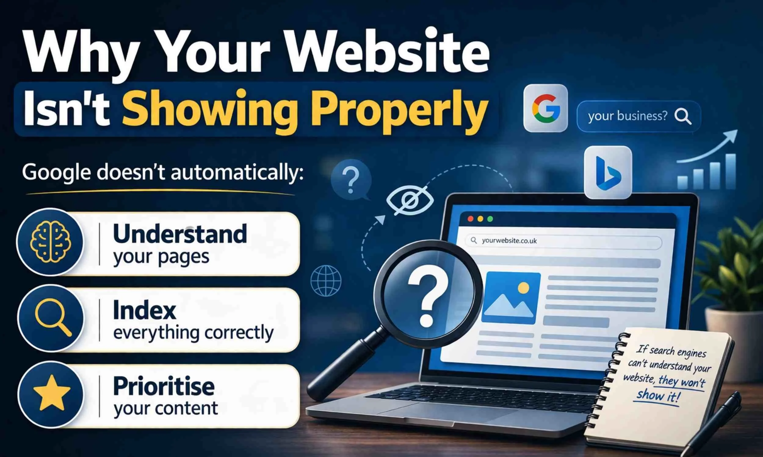Why your website isn’t showing properly on Google, Bing and search engines, including issues with indexing, content prioritisation and website visibility
