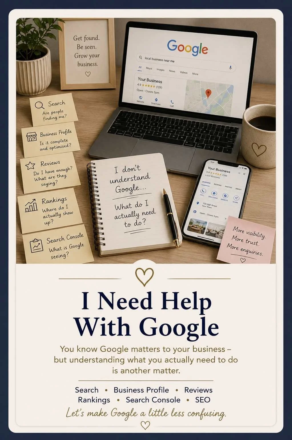 Business Google help covering search, Google Business Profile, reviews, rankings, Search Console and SEO.